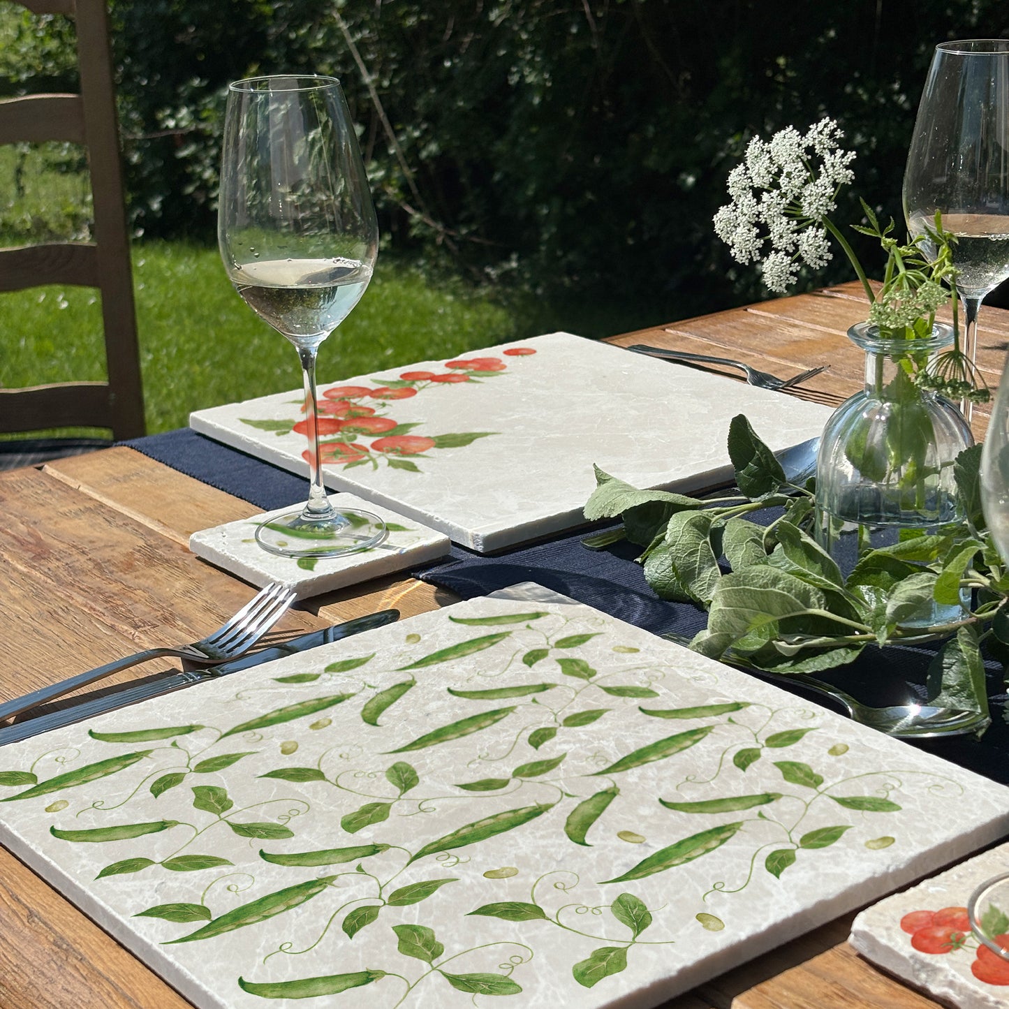 Elegant Runner Bean design on our classic marble Large Platter Size-In The Humble Hares Classic Watercolour style 