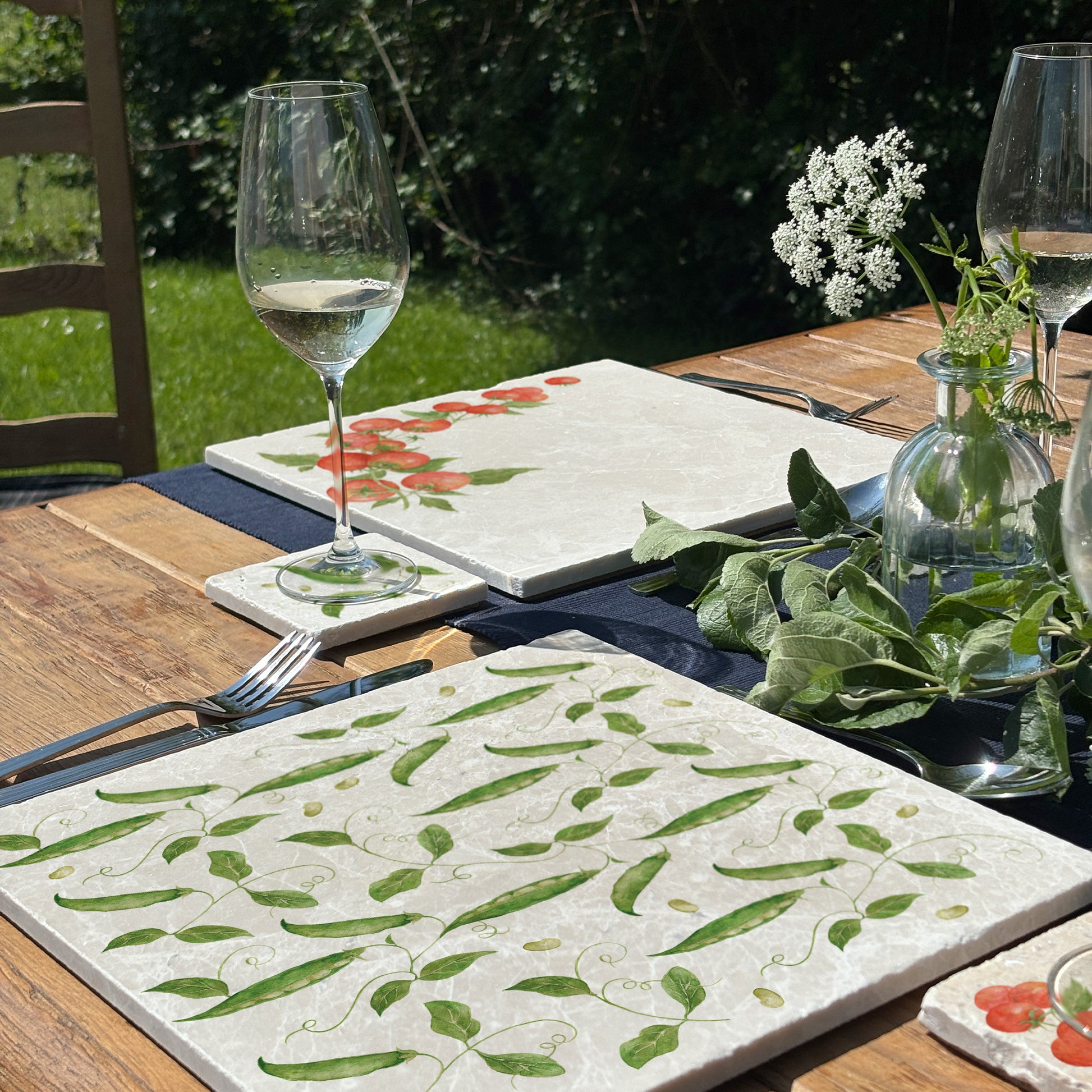 Elegant Runner Bean design on our classic marble Large Platter Size-In The Humble Hares Classic Watercolour style 