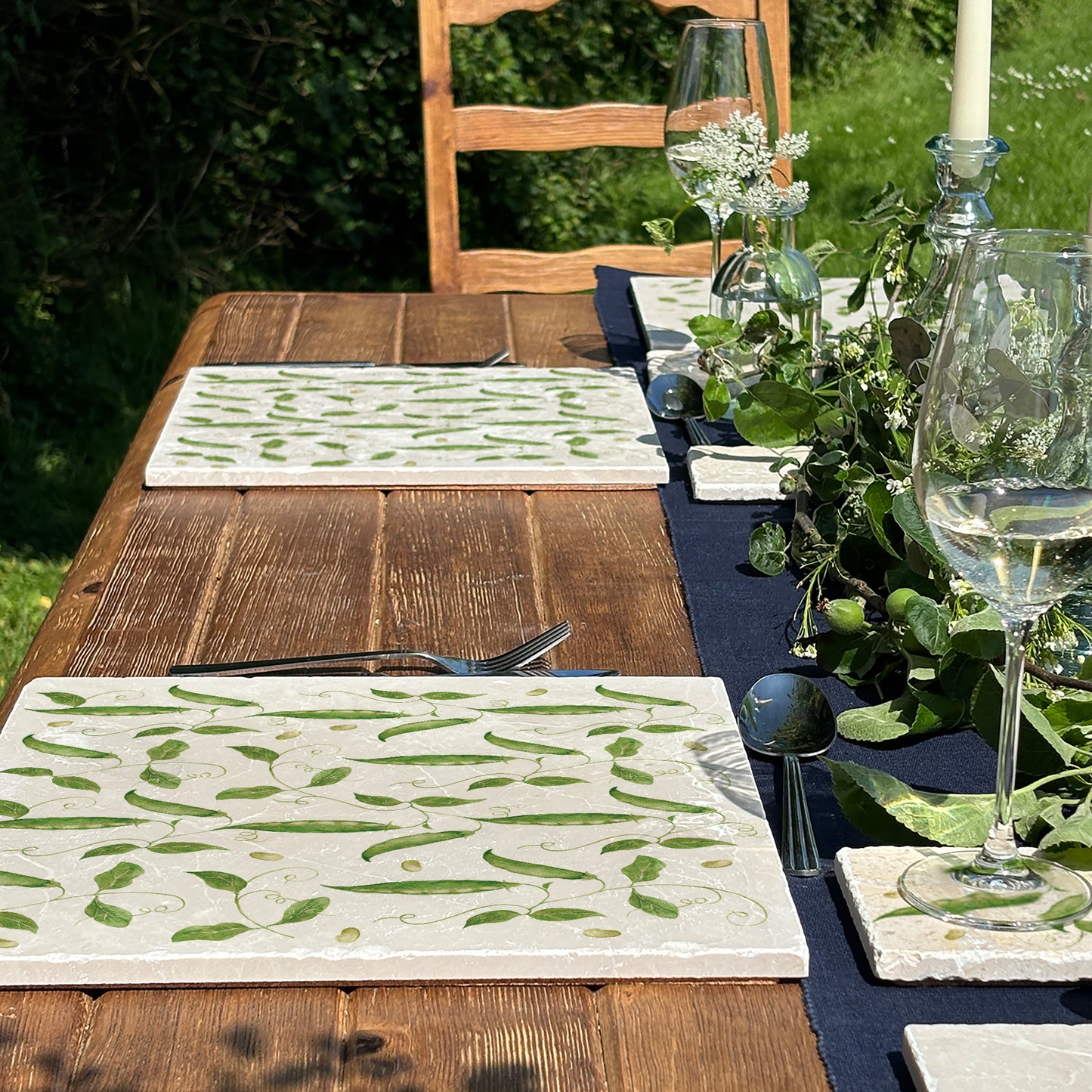 Elegant Runner Bean design on our classic marble Large Platter Size-In The Humble Hares Classic Watercolour style 