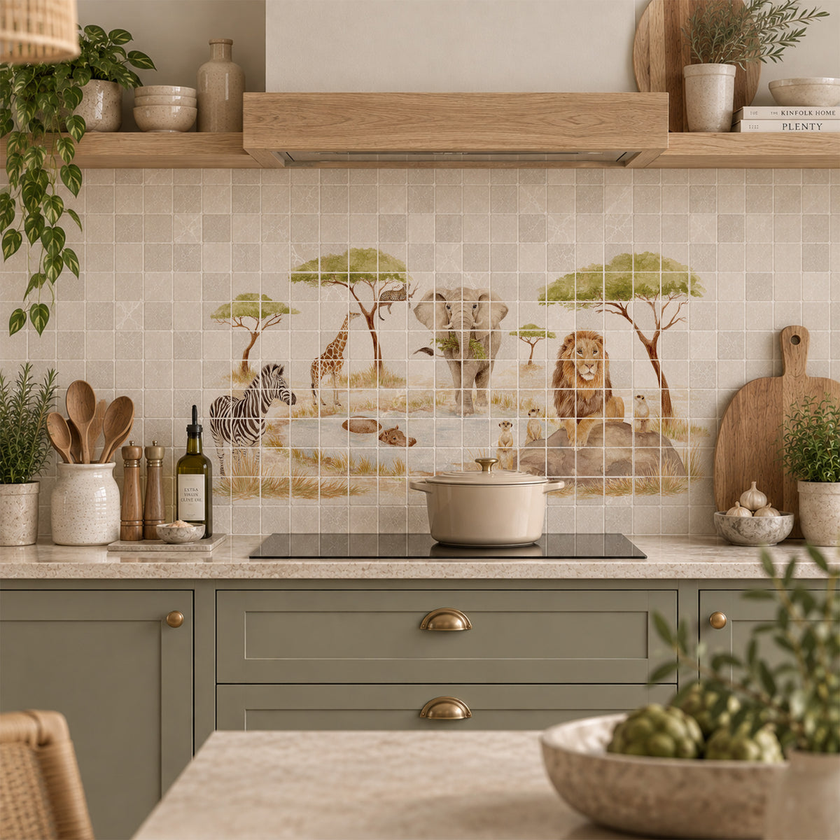 Hand-painted watercolour style mural inspired by the English countryside safari themed kitchen
