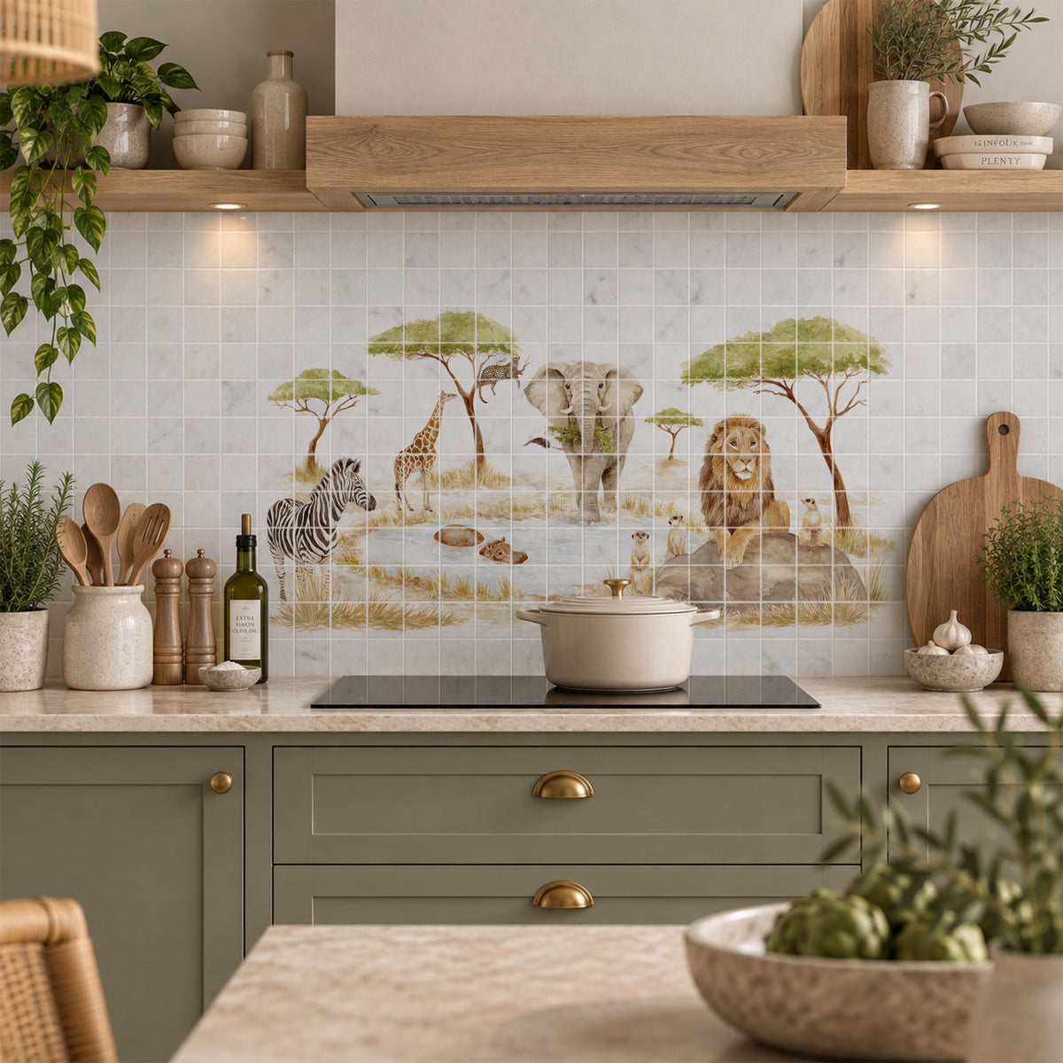 Hand-painted watercolour style mural inspired by the English countryside safari themed kitchen