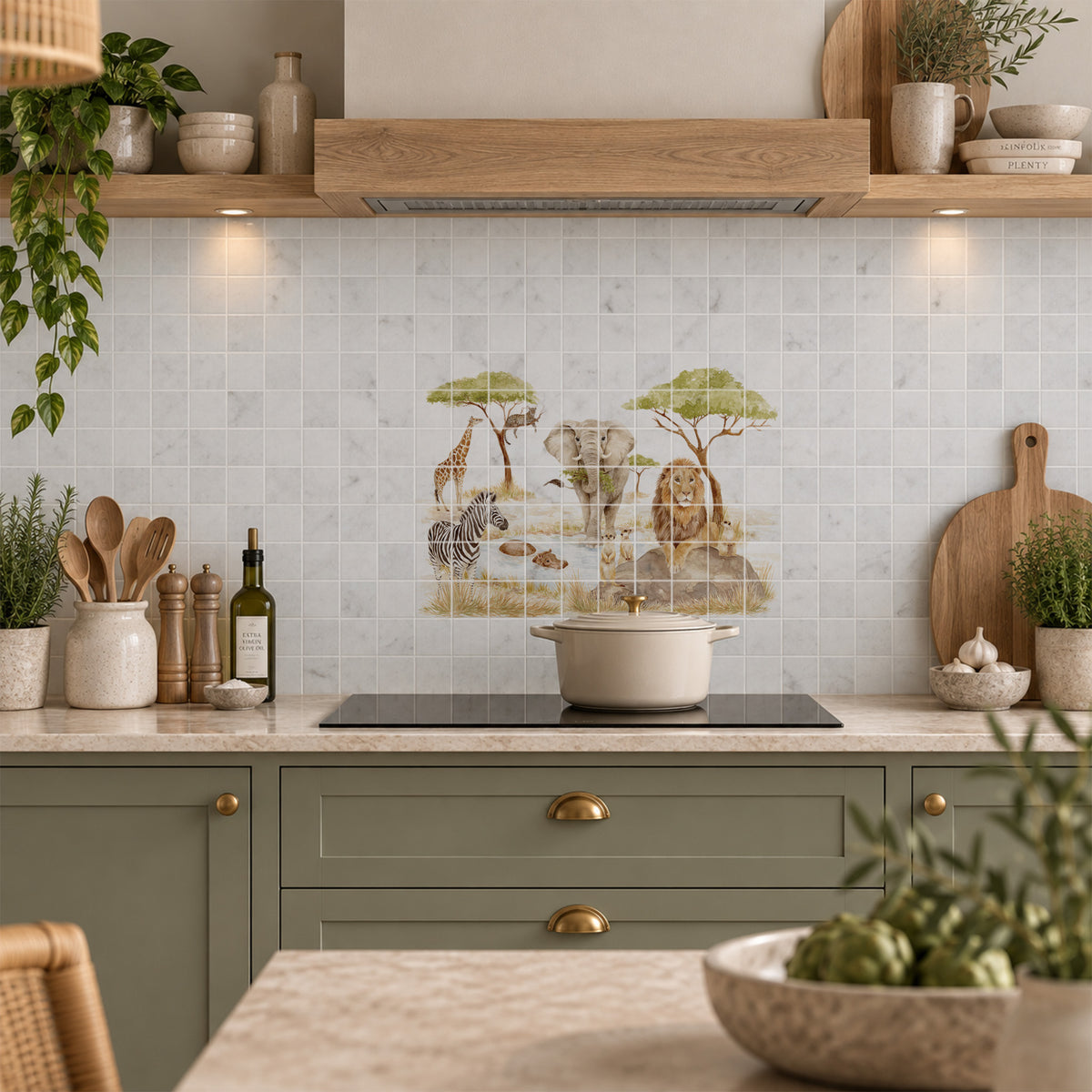 Hand-painted watercolour style mural inspired by the English countryside safari themed kitchen