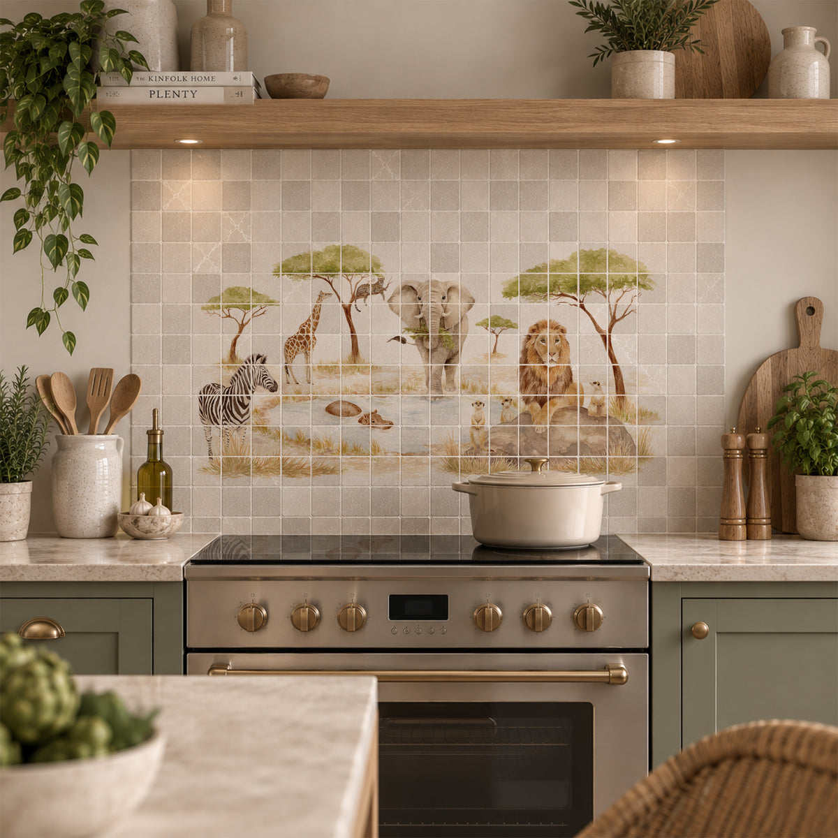 Hand-painted watercolour style mural inspired by the English countryside safari themed kitchen