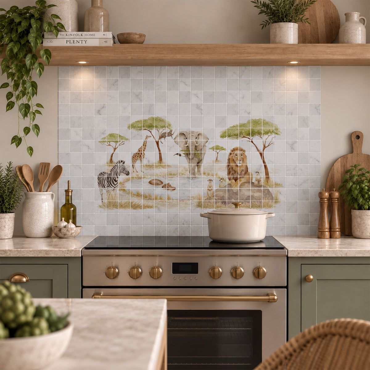 Hand-painted watercolour style mural inspired by the English countryside safari themed kitchen