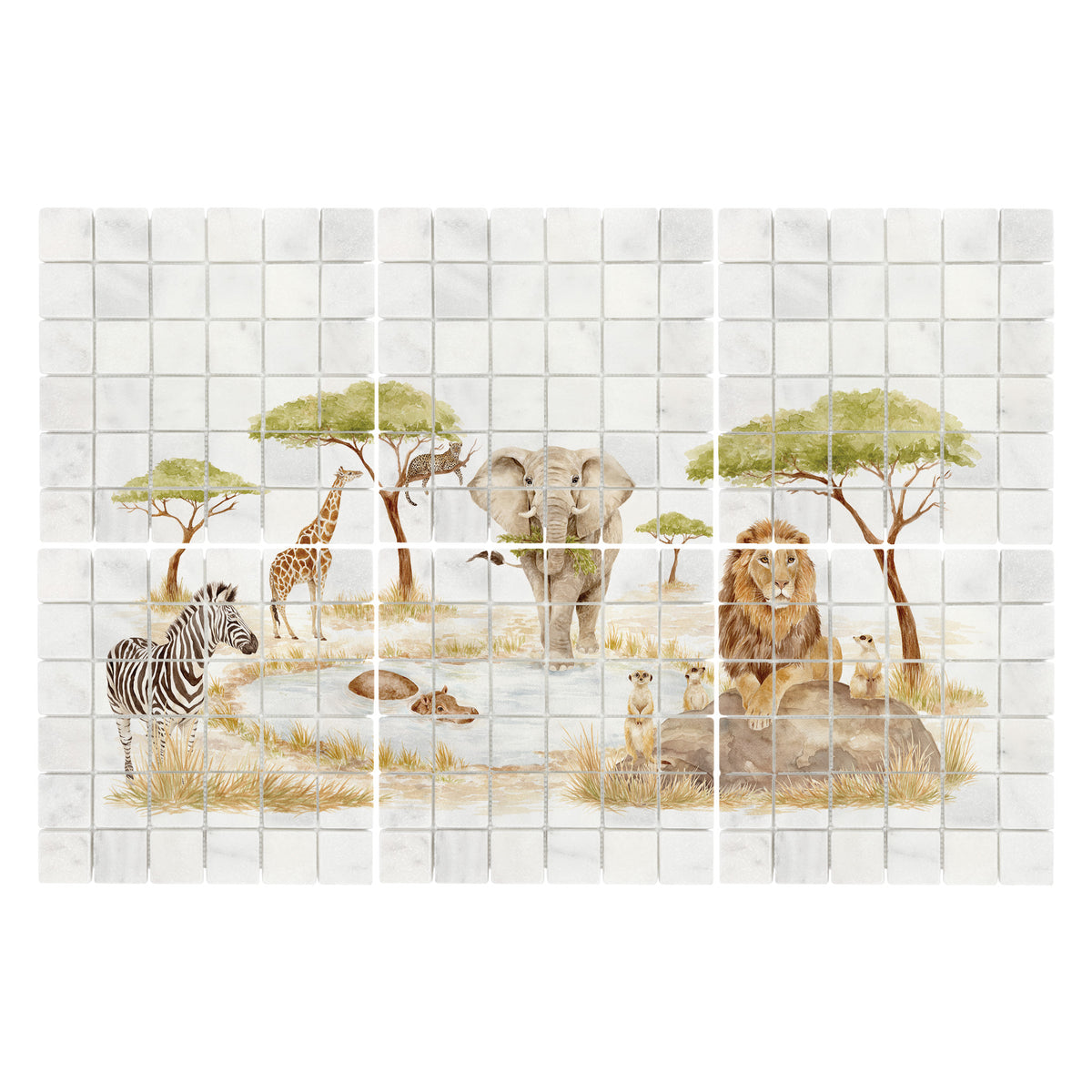 Hand-painted watercolour style mural inspired by the English countryside safari themed kitchen