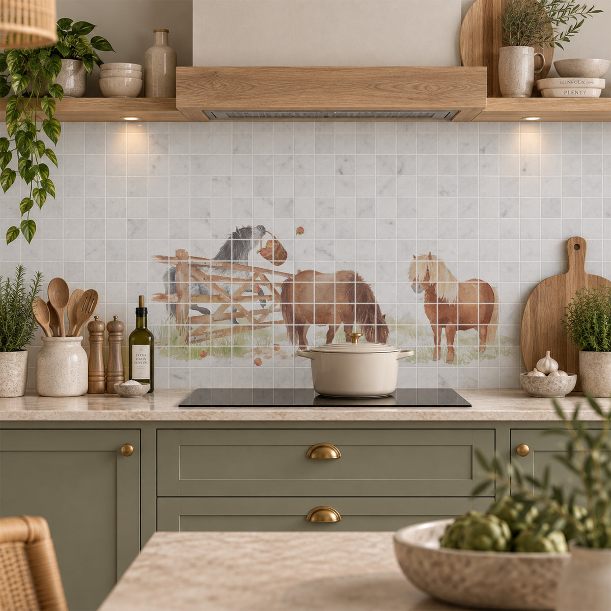 Decorative countryside watercolour artwork for a sophisticated kitchen interior
