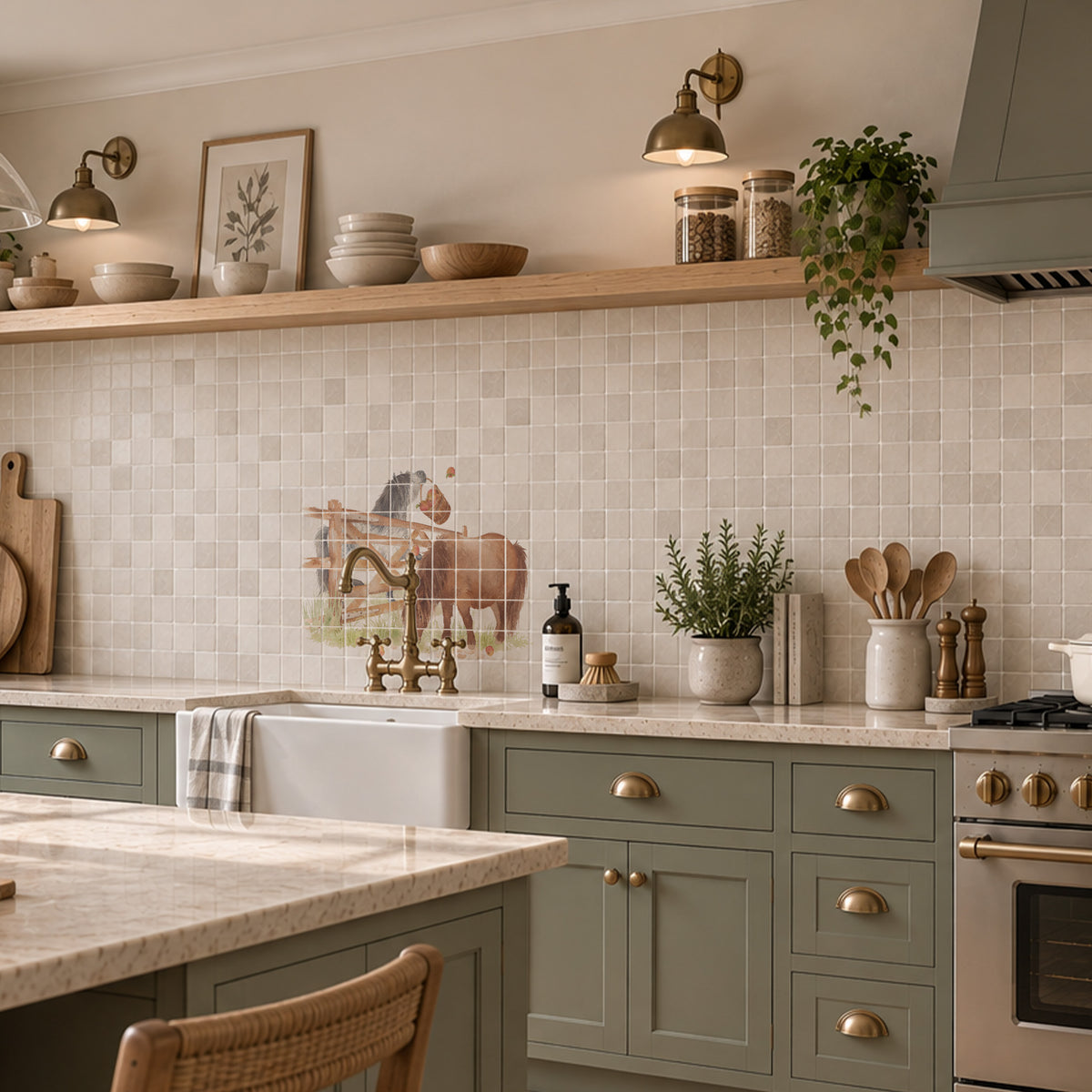 Decorative countryside watercolour artwork for a sophisticated kitchen interior