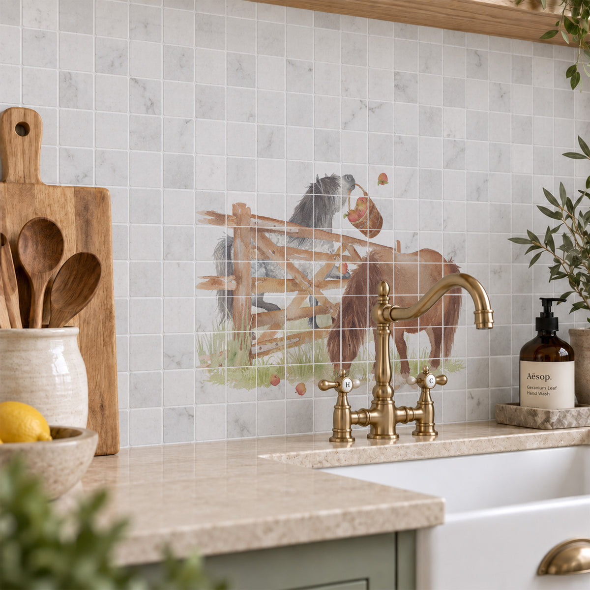 Decorative countryside watercolour artwork for a sophisticated kitchen interior
