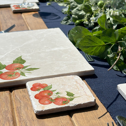 Marble coasters set of 4, featuring The Humble Hares Watercolour designs. This design shows a watercolour Tomatoes on a vine. Perfect for the vegetable Garden Lover 