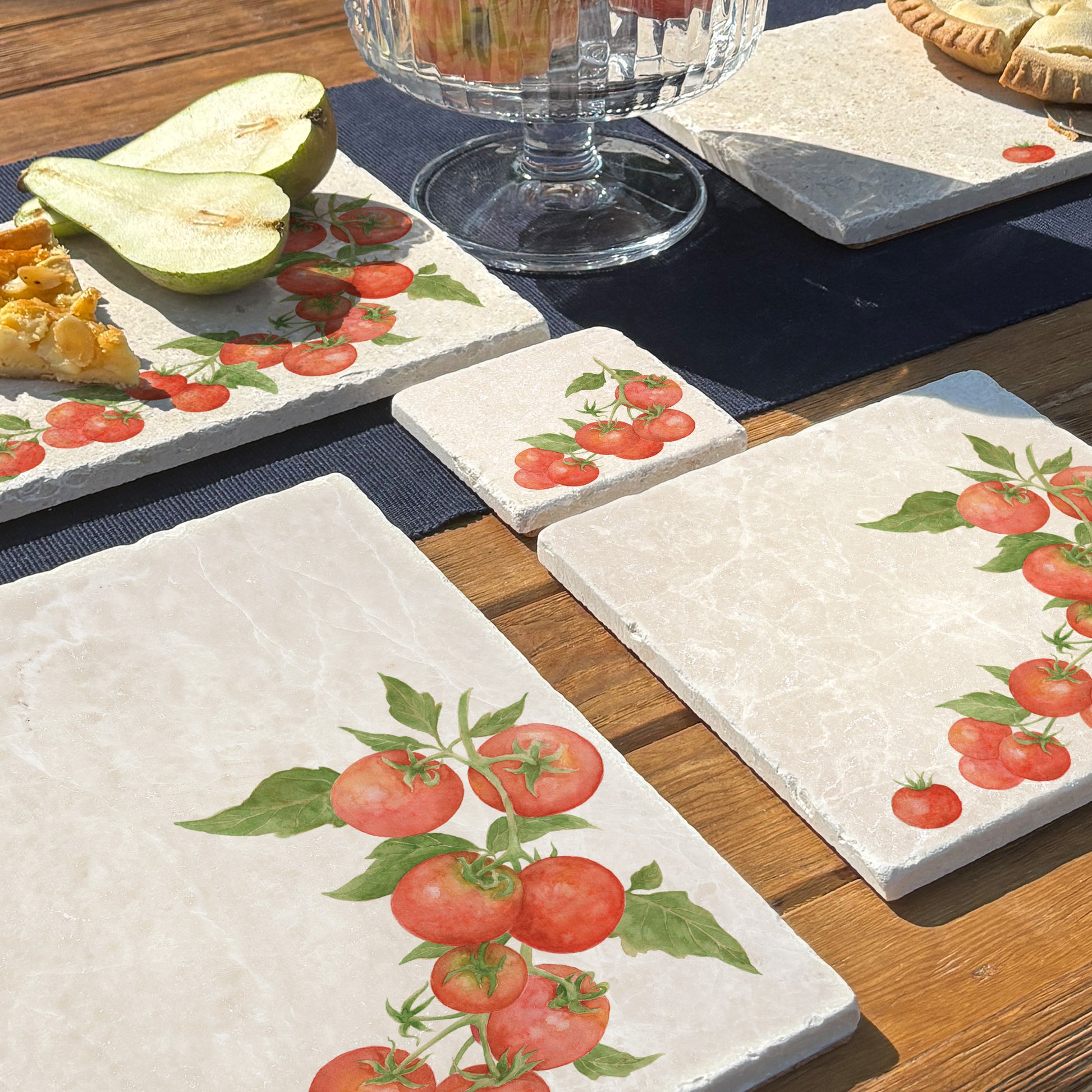 Marble coasters set of 4, featuring The Humble Hares Watercolour designs. This design shows a watercolour Tomatoes on a vine. Perfect for the vegetable Garden Lover 