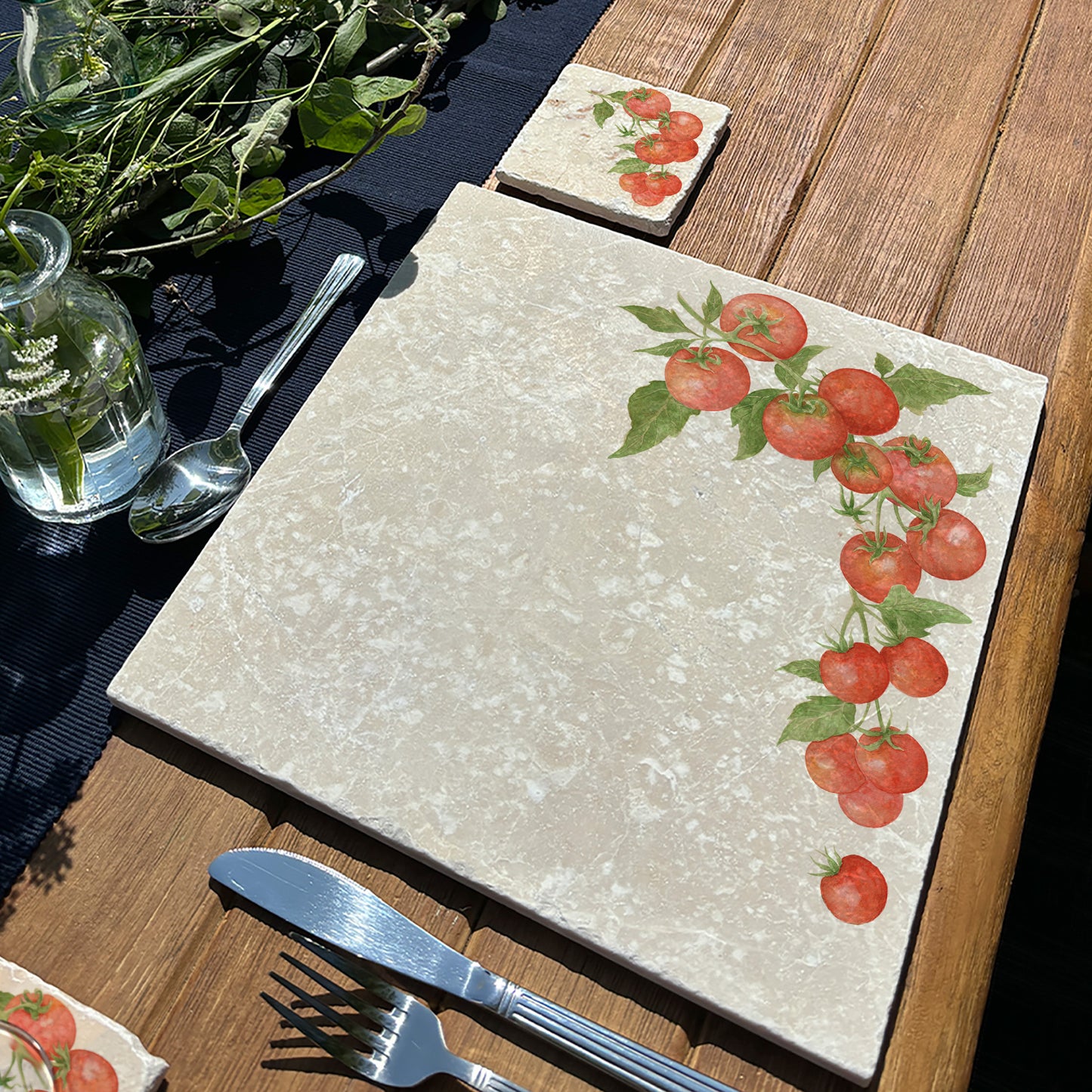 Marble Large platter with The Humble Hares Watercolour designs. This design shows a watercolour Tomatoes on a vine. Perfect for the vegetable Garden Lover 