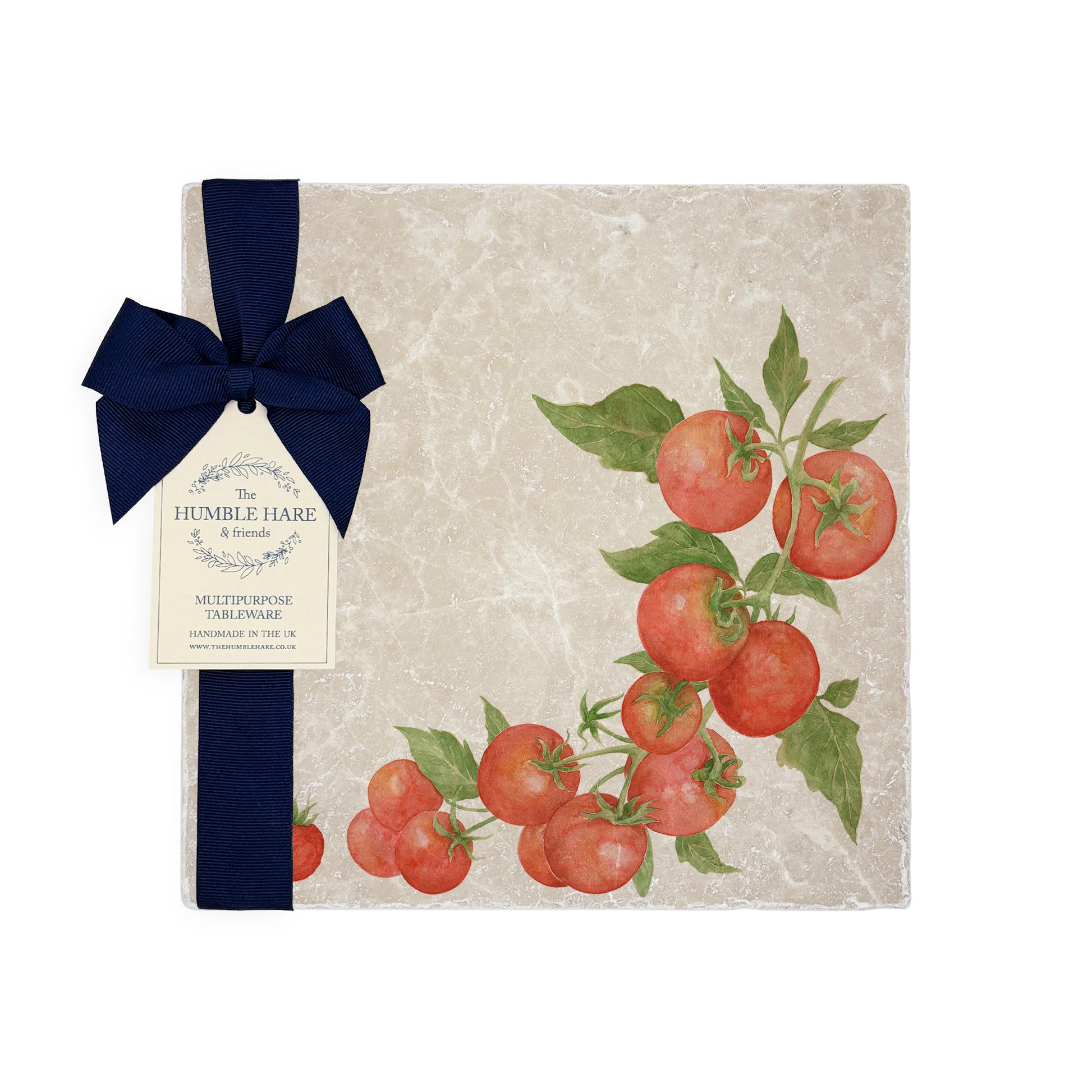 Marble medium platter with The Humble Hares Watercolour designs. This design shows a watercolour Tomatoes on a vine. Perfect for the vegetable Garden Lover 