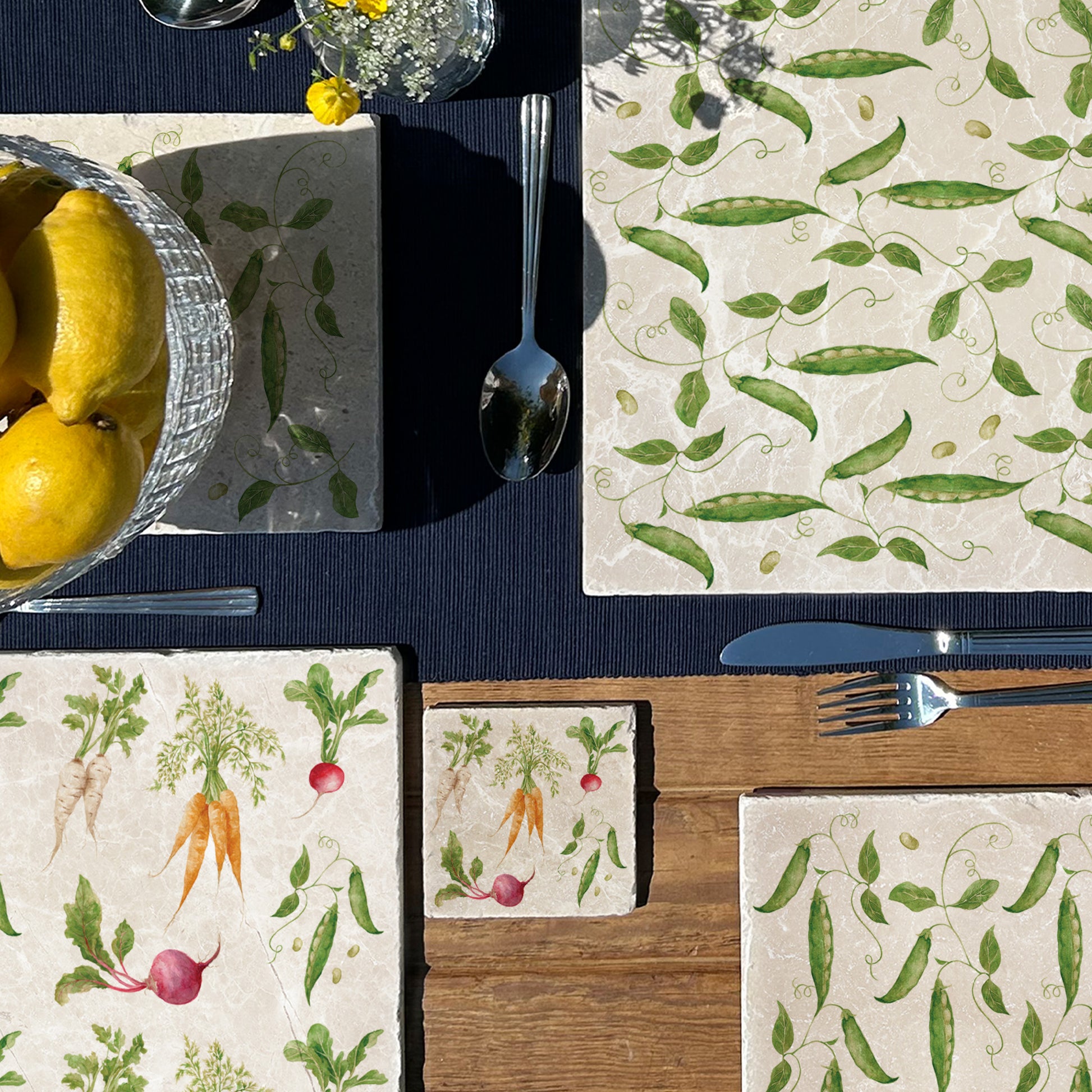 The Vegetable Garden coasters set of 4 featuring watercolour Carrots, Radish, Runner Beans, Beetroot and Parsnips 