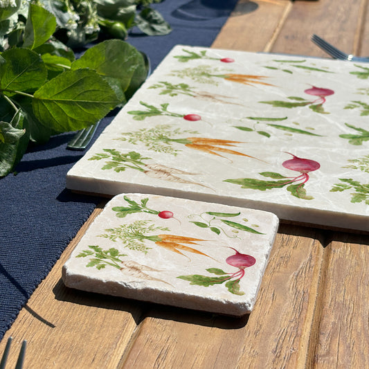 The Vegetable Garden coasters set of 4 featuring watercolour Carrots, Radish, Runner Beans, Beetroot and Parsnips 