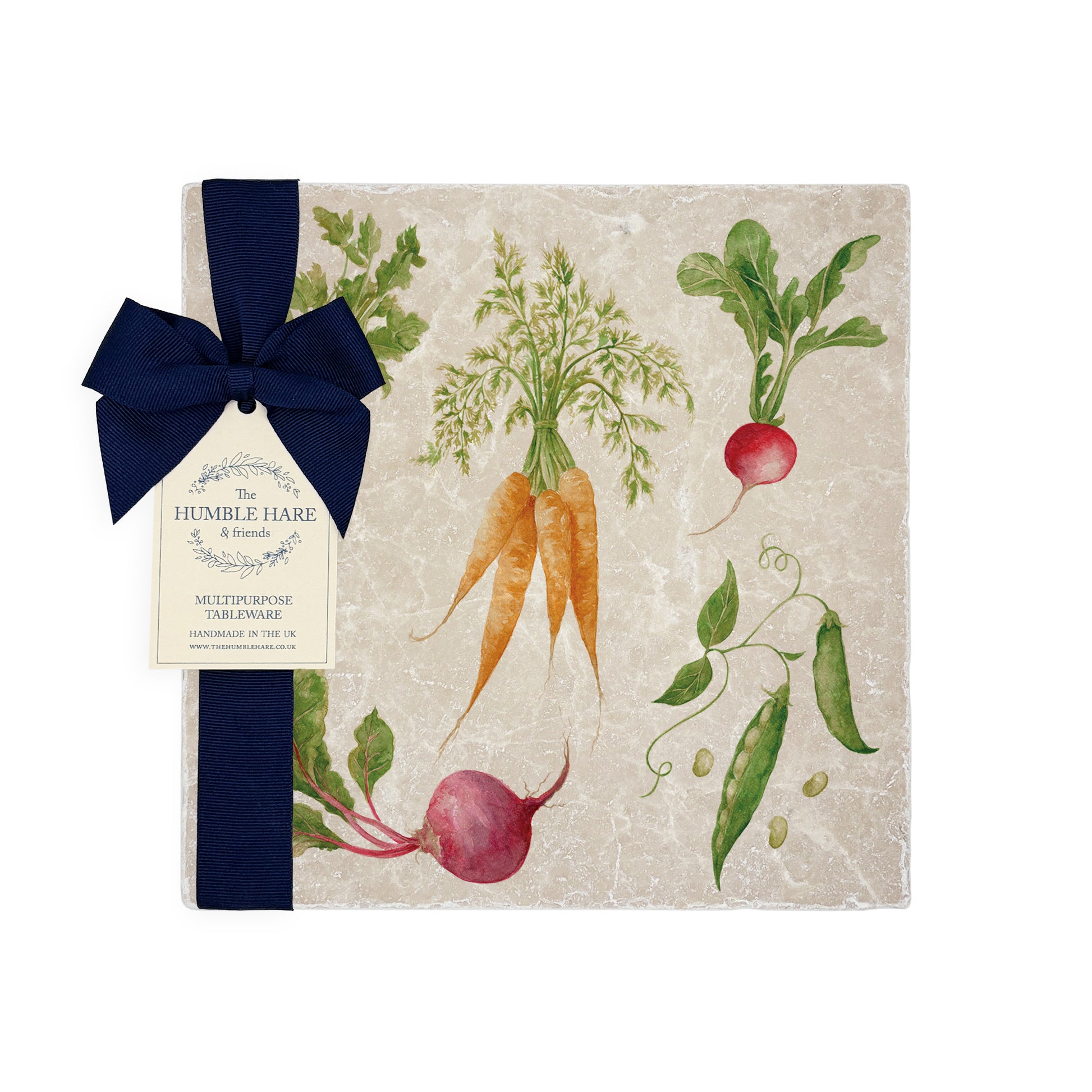 The Vegetable Garden Medium Platter featuring watercolour Carrots, Radish, Runner Beans, Beetroot and Parsnips 