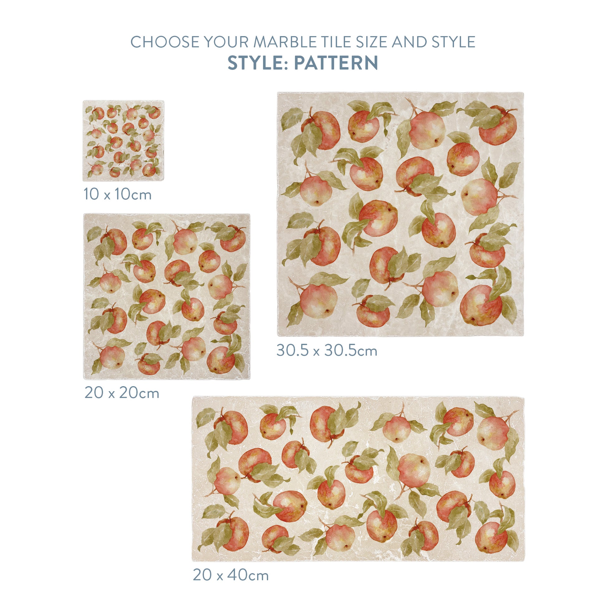 A selection of marble splashback tiles with an apple pattern, the tiles are available in 4 sizes.