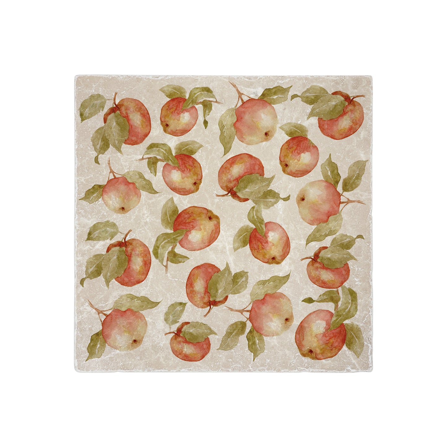 A sunny dinner table set with handmade marble platters featuring a watercolour pattern inspired by English apple orchards.
