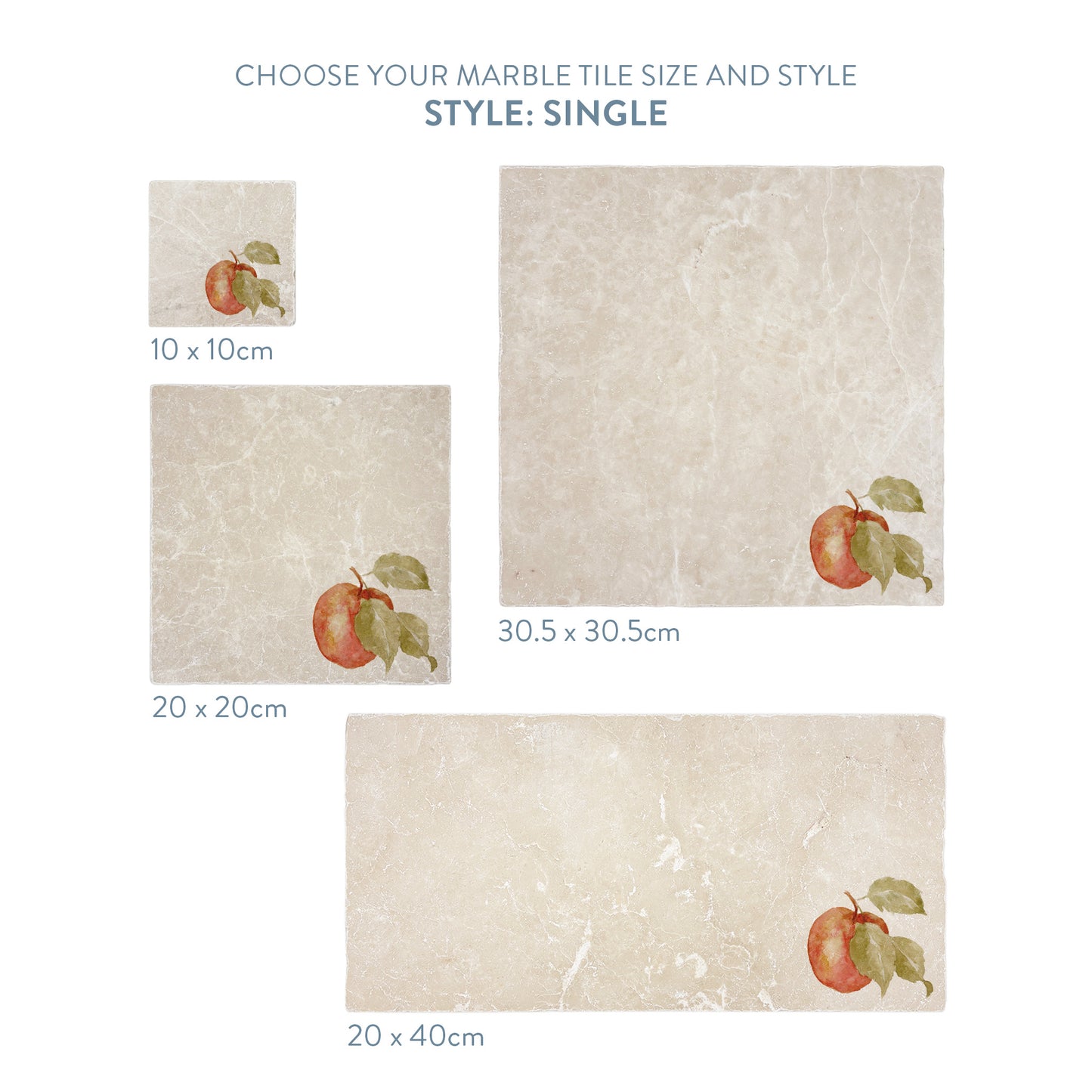 A selection of marble splashback tiles with a single apple motif, the tiles are available in 4 sizes.