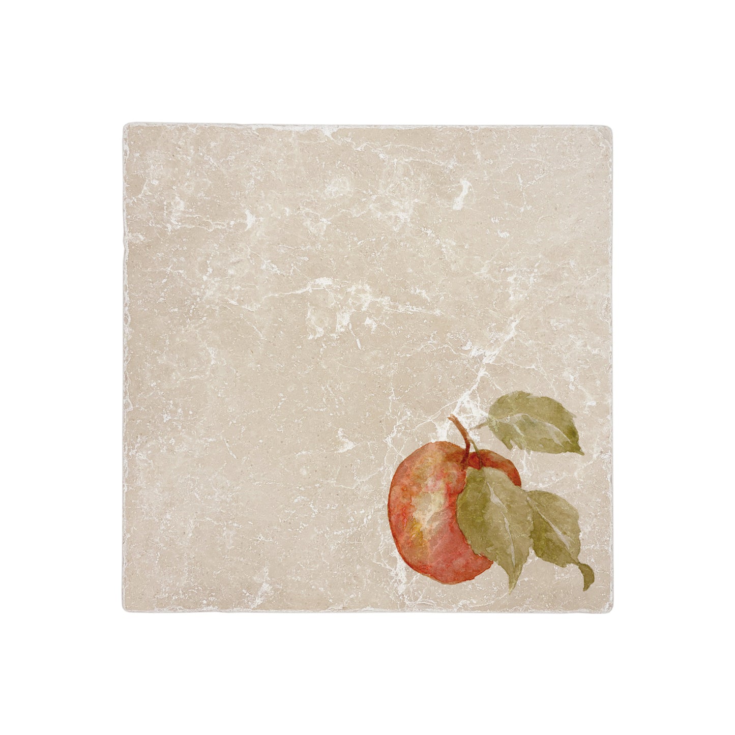 A garden table set with marble placemats and coasters that feature a watercolour apple design.