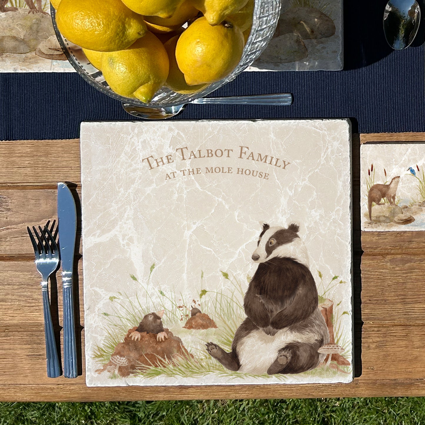 A personalised marble large platter with a badger and mole watercolour design. Create a personalised placemat, serving platter, trivet or cheeseboard as a luxury gift.
