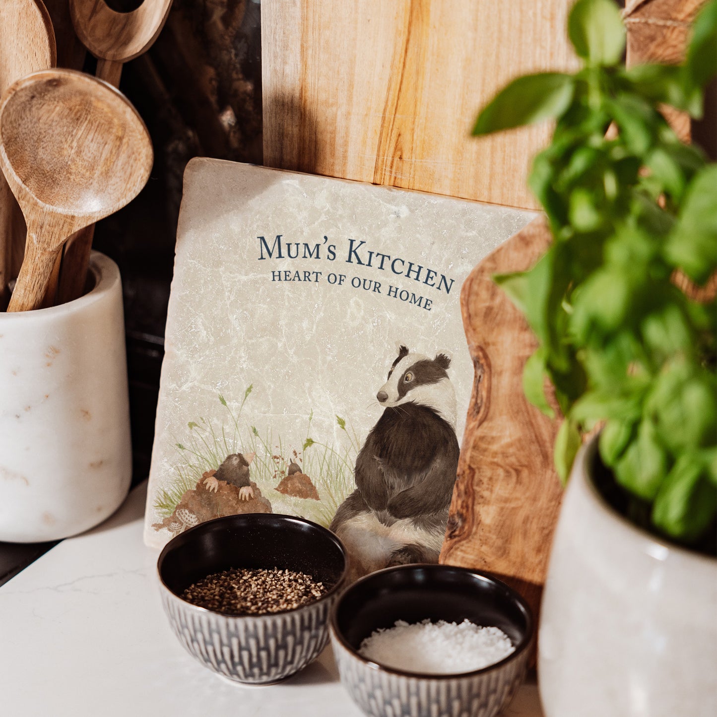 Badger and Mole design on natural stone, the perfect woodland pair to fill your home with countryside delights. Featuring The Humble Hares unique watercolour style showing how you can customise your platter.