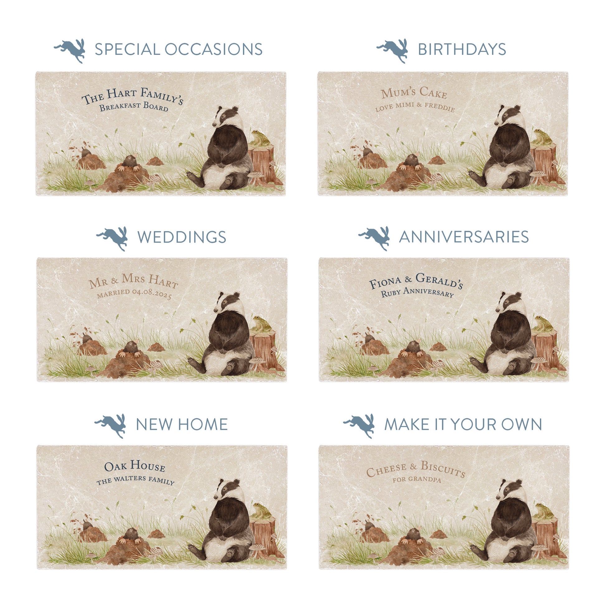 Collection of marble sharing platters showing the personalisation options available for all occasions including birthdays, weddings, anniversaries and new home gifts.