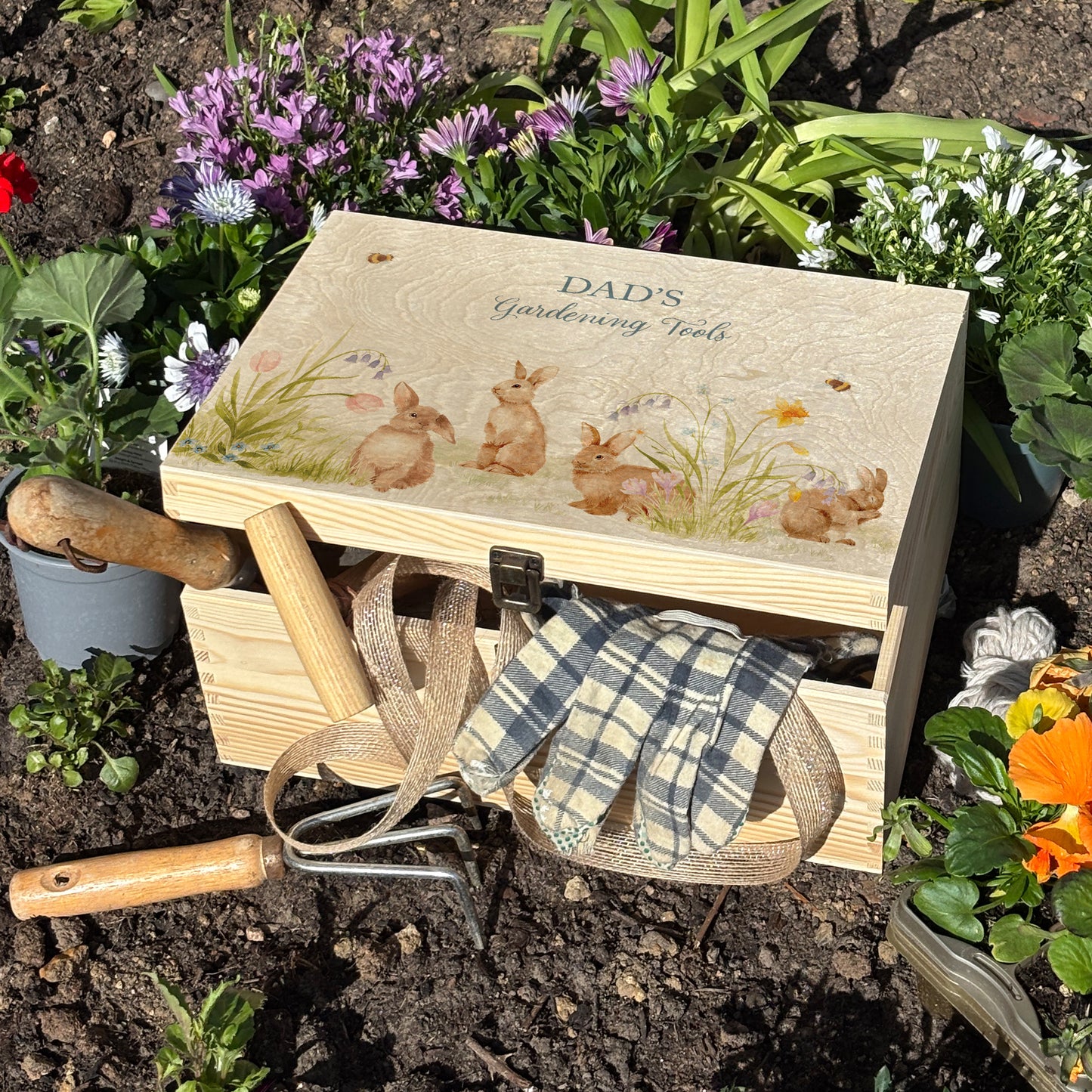 Large wooden pine gift box, The perfect Personalised keepsake, memory box, storage box with lots of Bunnies having fun in an array of colourful flowers in a classic  gentle watercolour style. Great for storing your gardening tools and small equipment in
