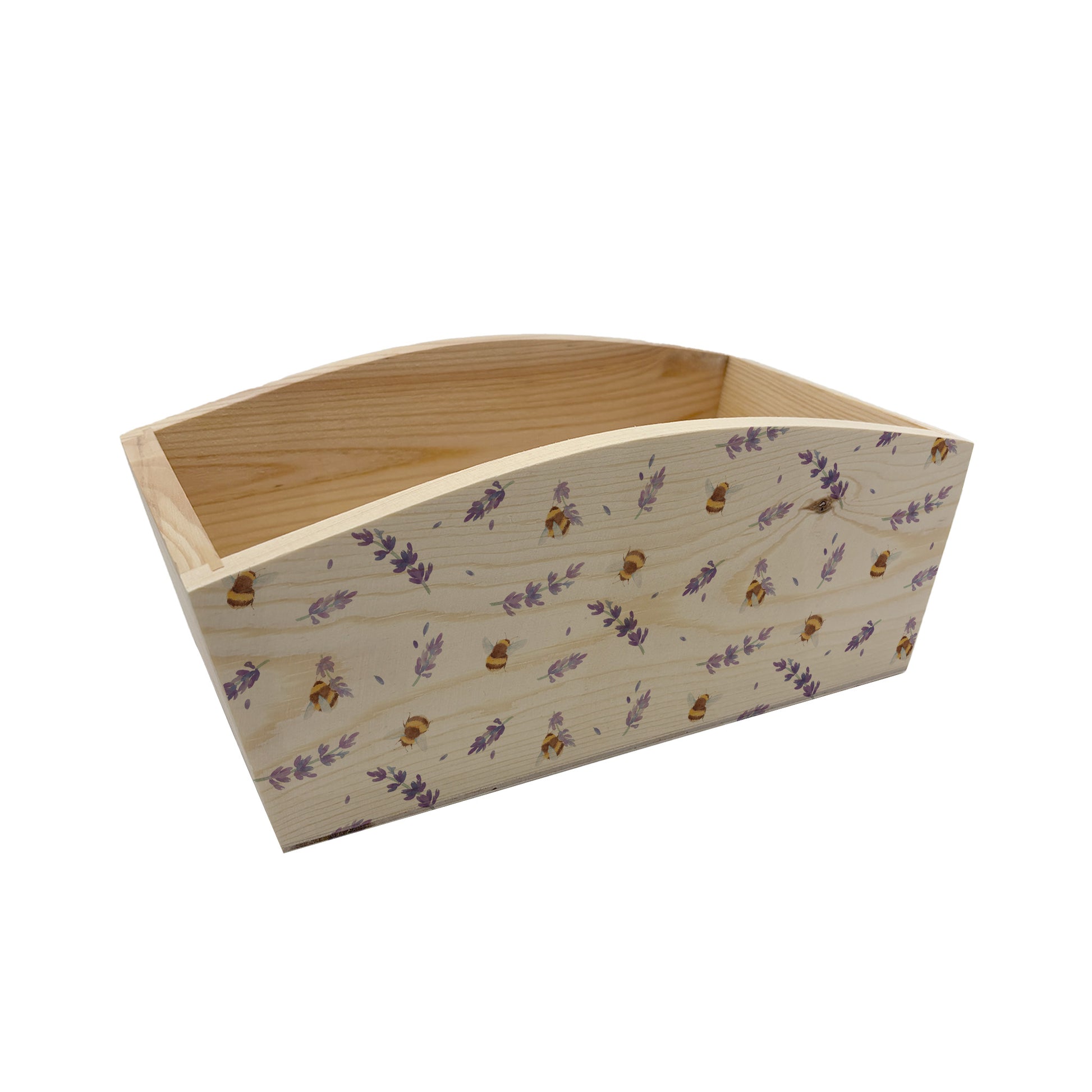 An arched wooden planter box with a watercolour repeat pattern of bees and lavender The planter is an ideal gift for gardening enthusiasts, birthdays, weddings, anniversaries or new homes.
