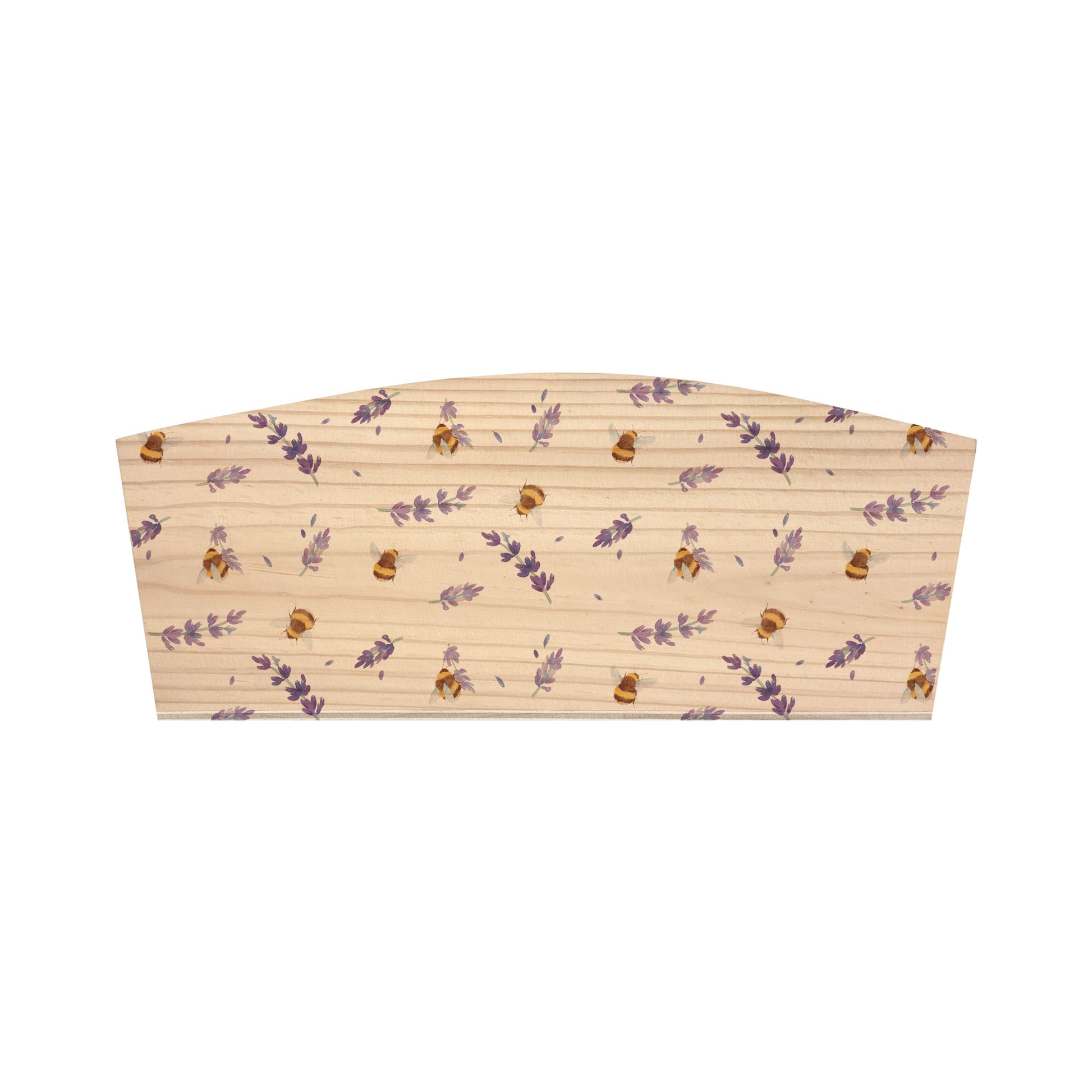 An arched wooden planter featuring a repeat floral pattern of bees and purple and lilac lavender. An ideal gift for gardeners, perfect placed on the windowsill, greenhouse or garden.