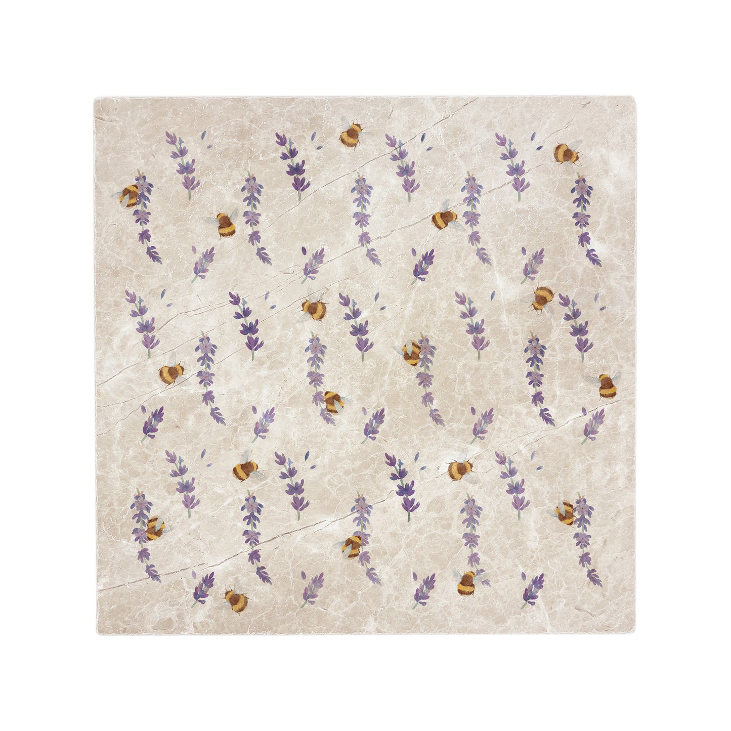 A handmade 30.5x30.5cm marble splashback tile featuring a watercolour countryside animal design of lavender and bees.