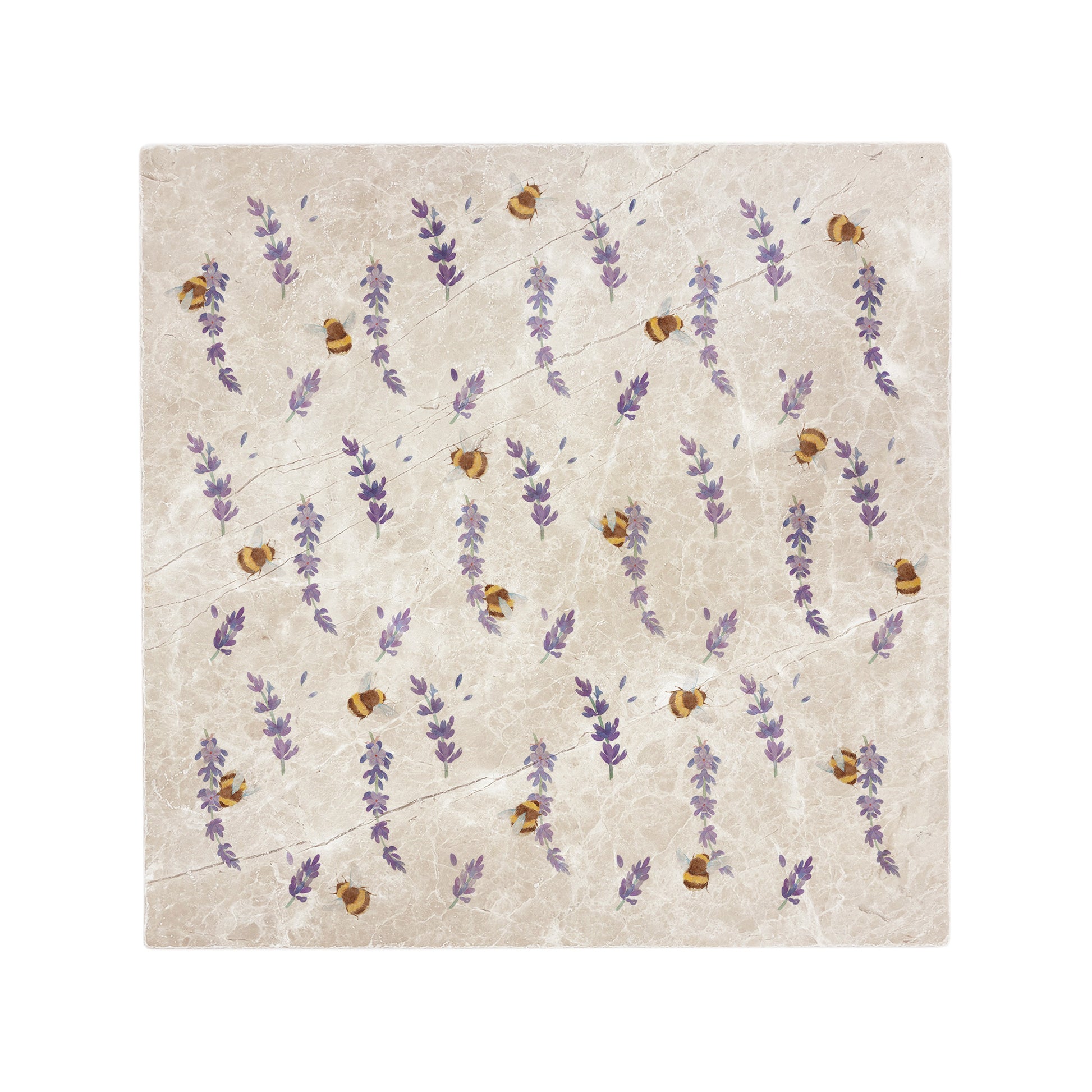 A handmade 30.5x30.5cm marble splashback tile featuring a watercolour countryside animal design of lavender and bees.