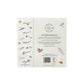 The back of a bookmark greetings card featuring a busy bee and purple lavender flower pattern.. The back of the card shows The Humble Hare logo and that the card is FSC certified.