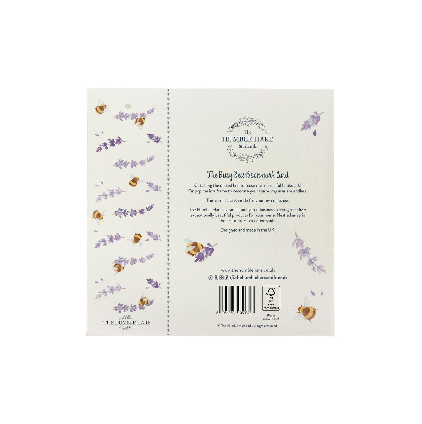 The back of a bookmark greetings card featuring a busy bee and purple lavender flower pattern.. The back of the card shows The Humble Hare logo and that the card is FSC certified.