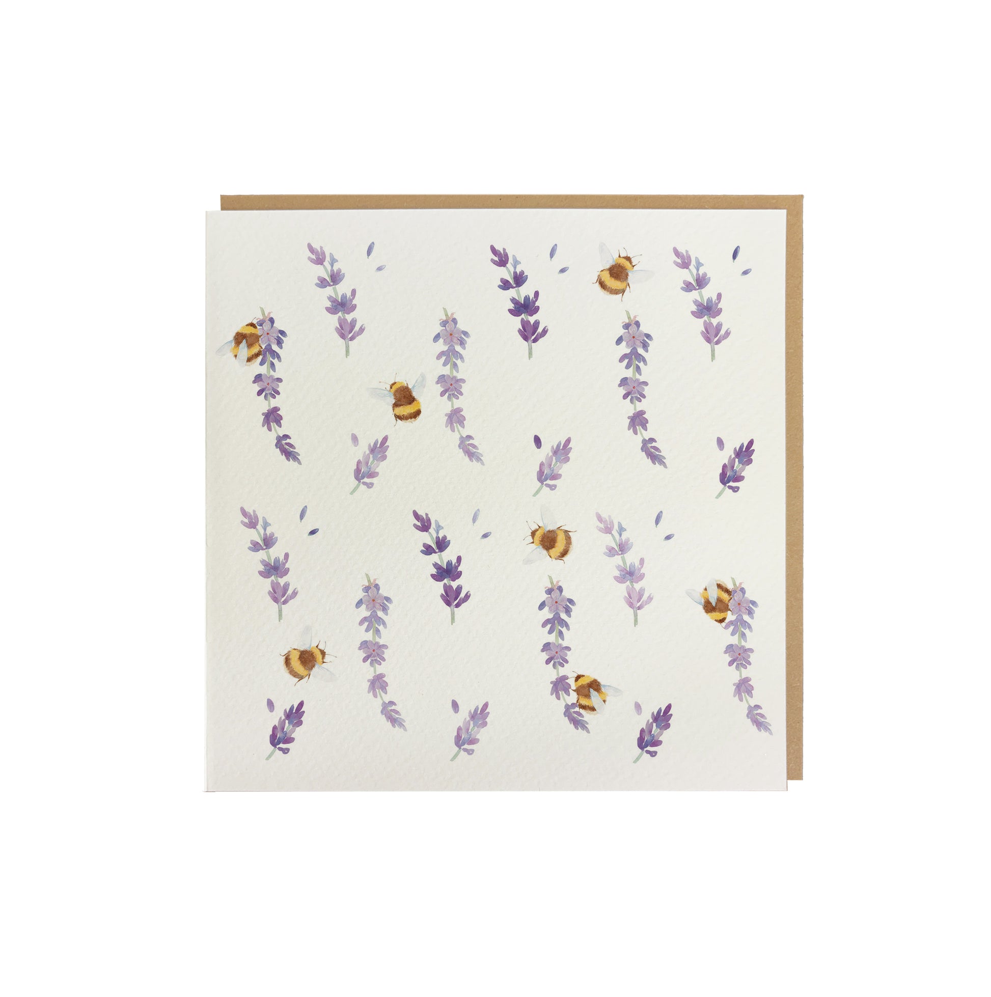 A square greetings card with a watercolour bee and lavender flower pattern. The card is supplied with a brown kraft envelope.