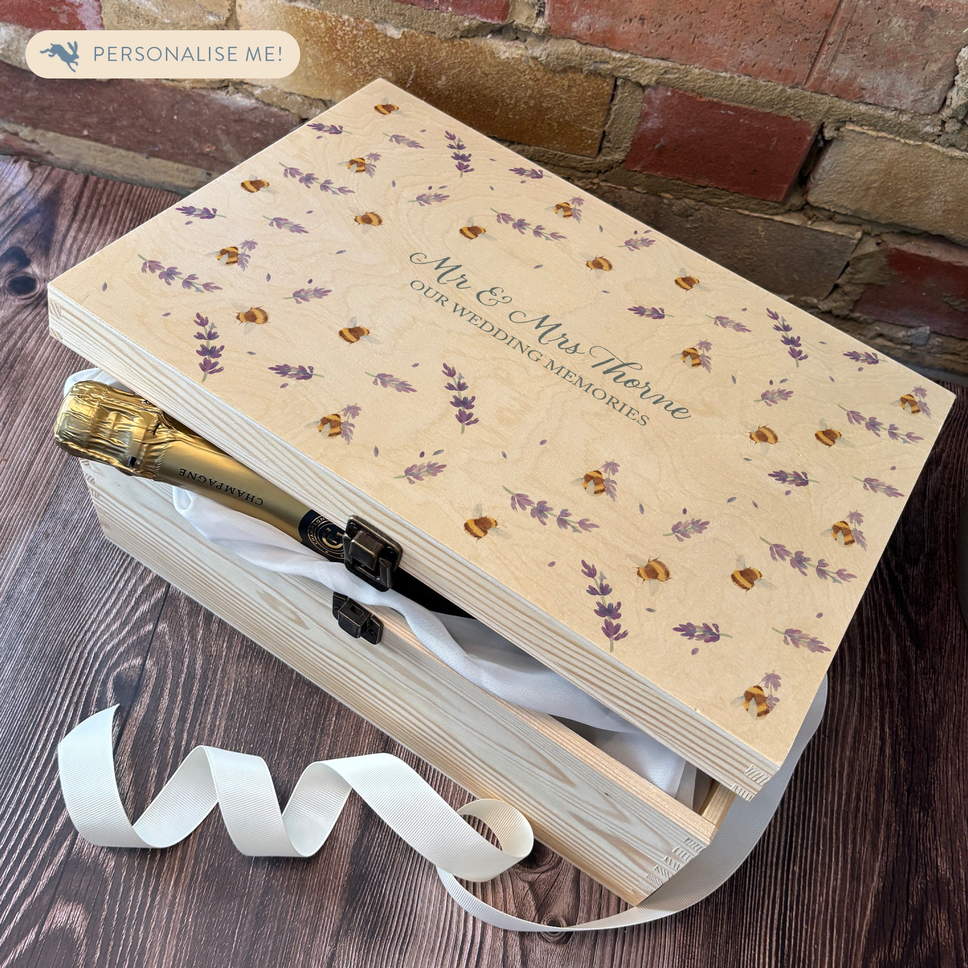 Large wooden pine gift box, The perfect Personalised keepsake, memory box, storage box with a gentle watercolour Lavender and Bees The perfect wedding keepsake gift box