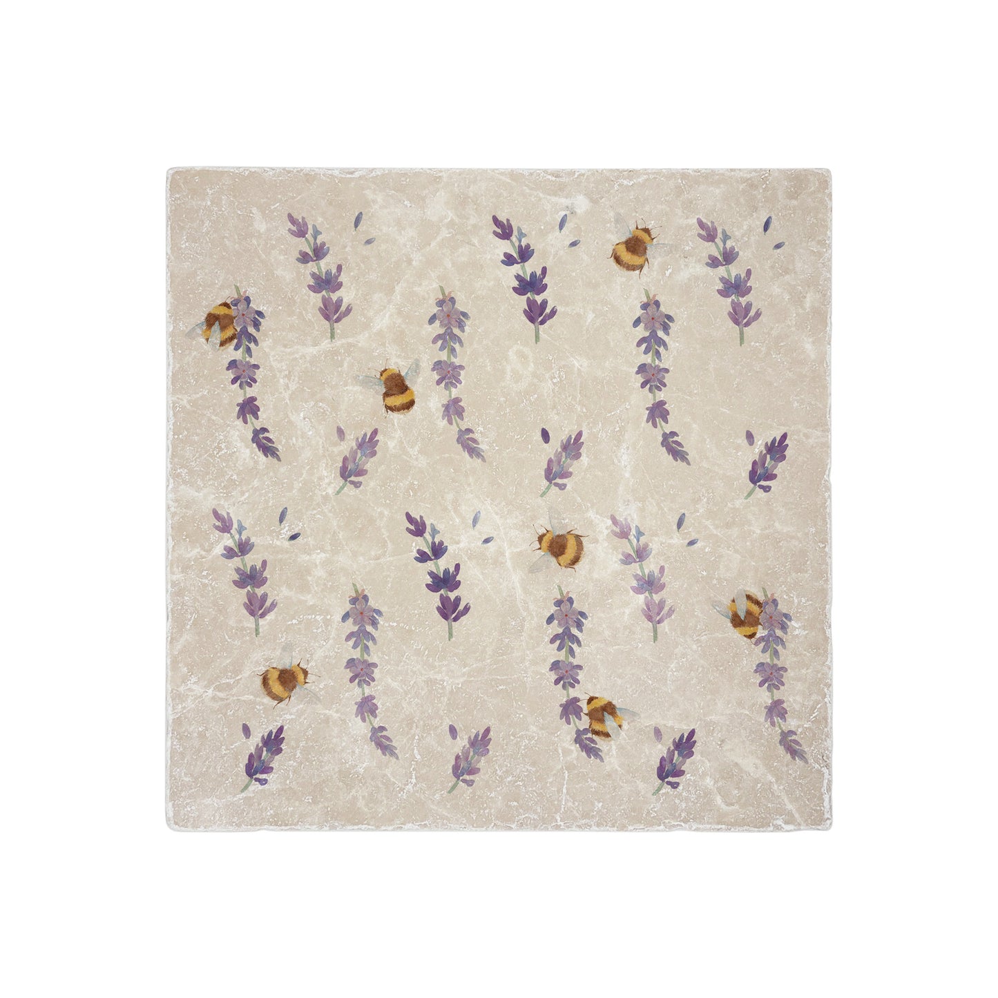 A medium square multipurpose marble platter with a watercolour pattern of busy bees and purple lavender flowers.