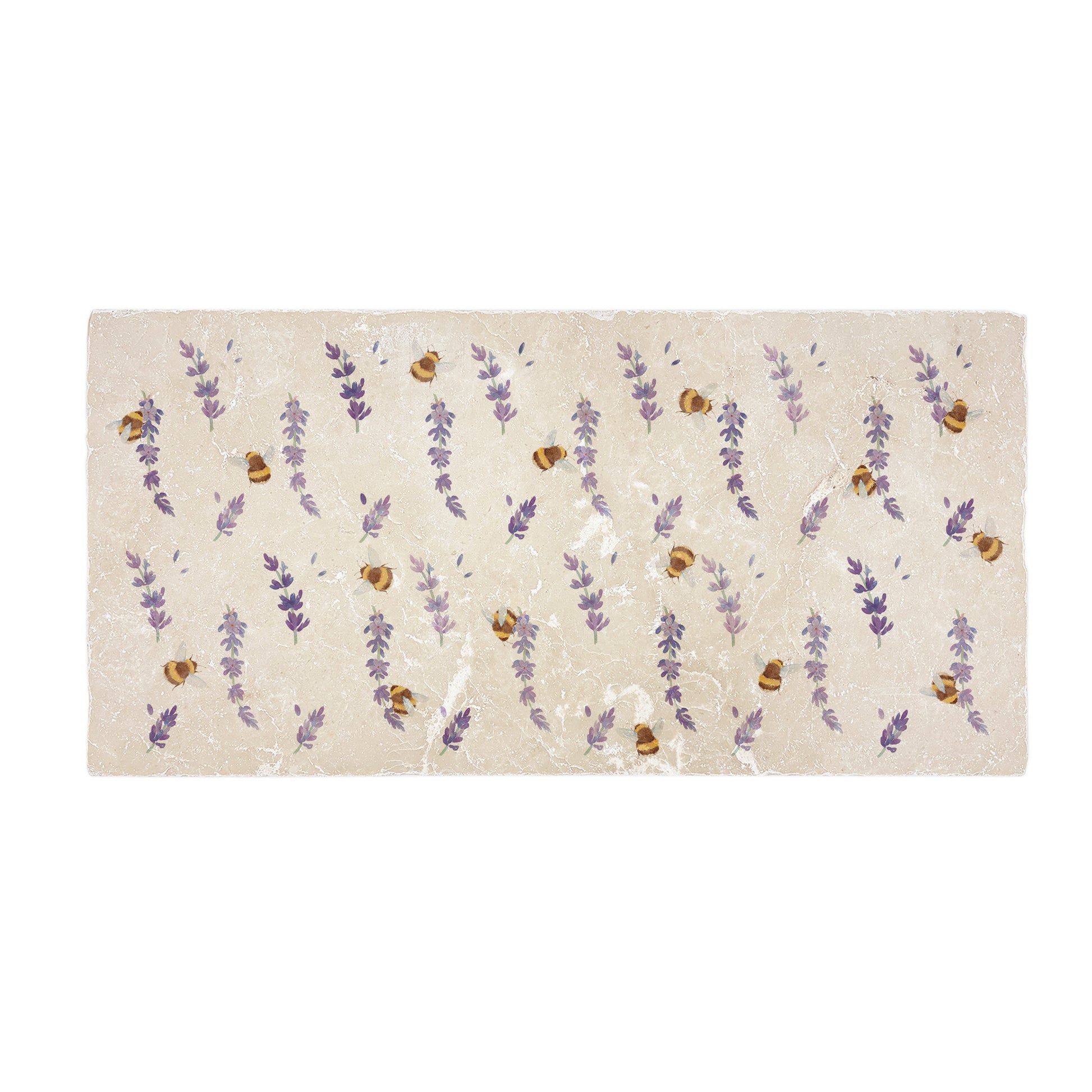 A marble sharing platter featuring a watercolour pattern of busy bees and purple lavender flowers.