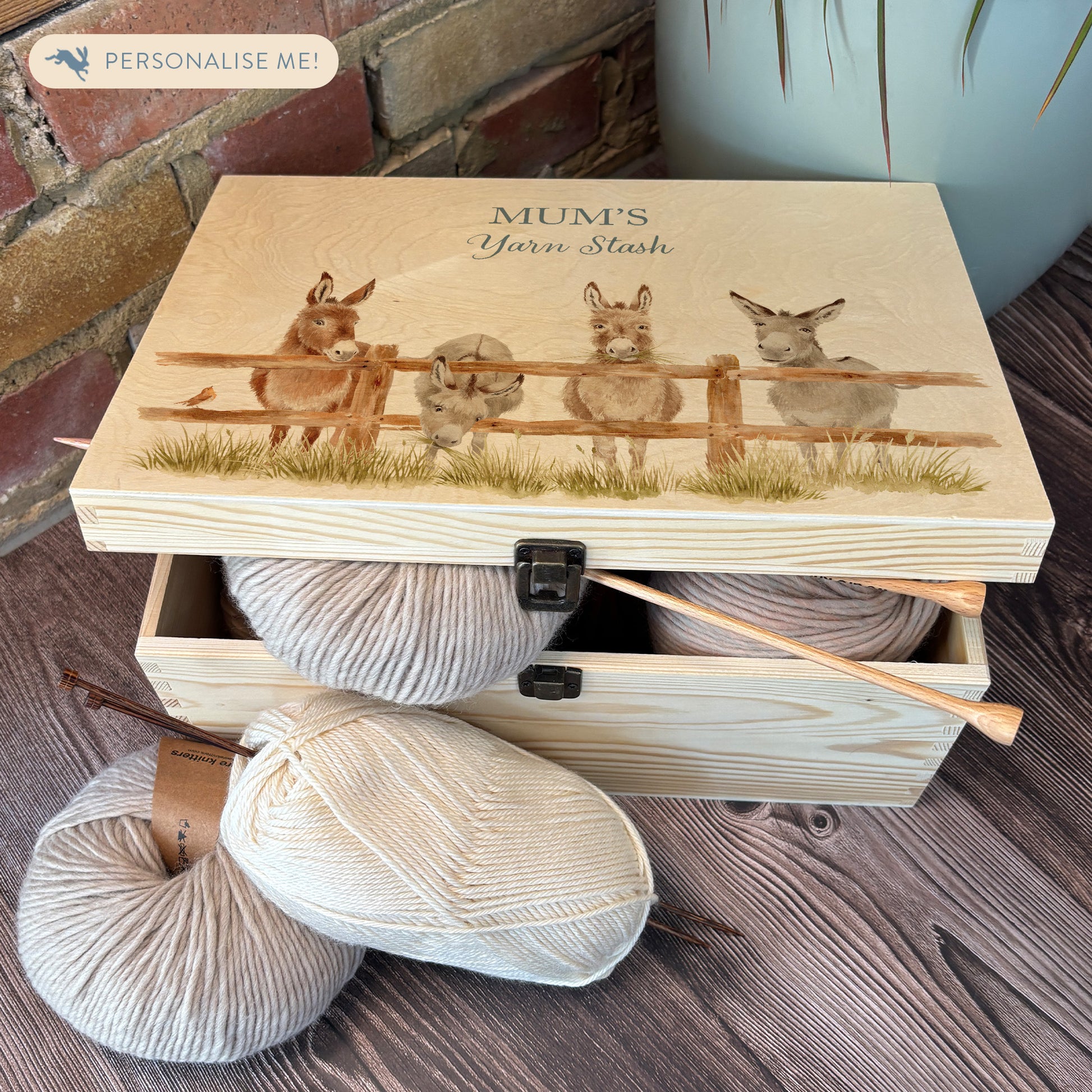 Large wooden pine gift box, The perfect Personalised keepsake, multipurpose, memory box, storage box with a group of Donkey's lined up at a fence with a robin sat on the edge.  The design  features our classic gentle watercolour style. The best was to offer a truly unique gift for a loved one. 