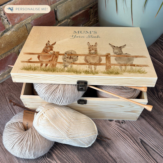 Large wooden pine gift box, The perfect Personalised keepsake, multipurpose, memory box, storage box with a group of Donkey's lined up at a fence with a robin sat on the edge.  The design  features our classic gentle watercolour style. The best was to offer a truly unique gift for a loved one. 