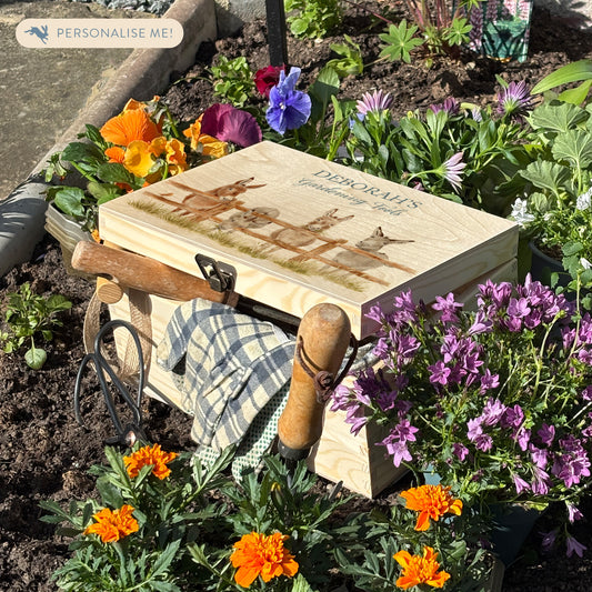 Medium wooden pine gift box, The perfect Personalised keepsake, multipurpose, memory box, storage box with a group of Donkey's lined up at a fence with a robin sat on the edge.  The design  features our classic gentle watercolour style. The best was to offer a truly unique gift for a loved one. great garden storage and tools. 