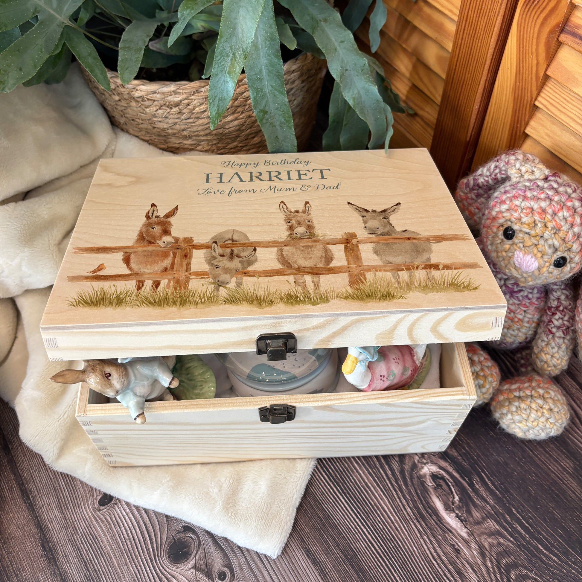 Medium wooden pine gift box, The perfect Personalised keepsake, multipurpose, memory box, storage box with a group of Donkey's lined up at a fence with a robin sat on the edge.  The design  features our classic gentle watercolour style. The best was to offer a truly unique gift for a loved one. great garden storage and tools. 