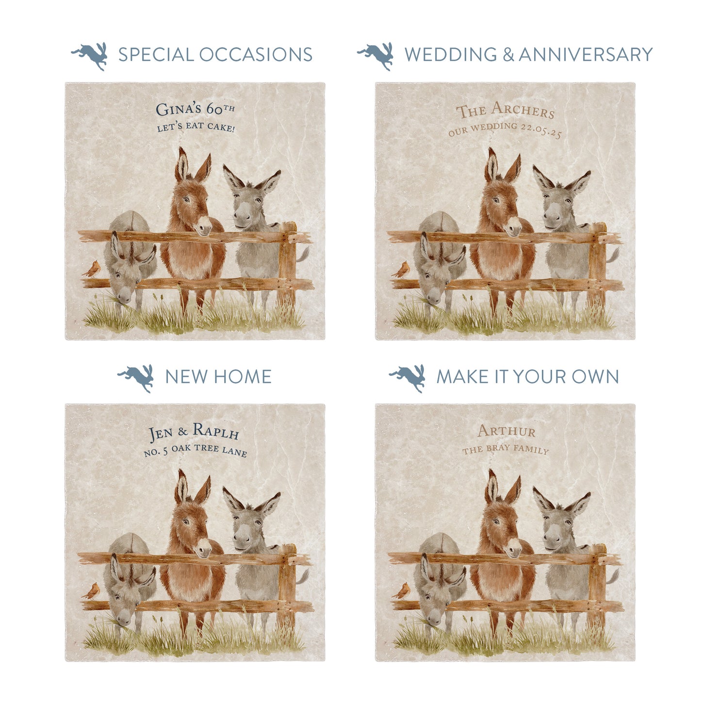 Collection of large marble platters showing the personalisation options available for all occasions including birthdays, weddings, anniversaries and new home gifts.