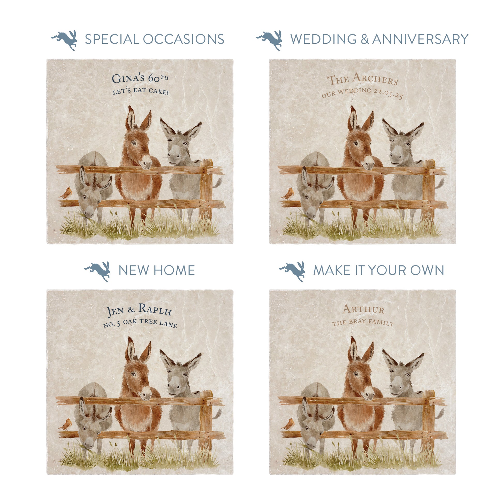 Collection of large marble platters showing the personalisation options available for all occasions including birthdays, weddings, anniversaries and new home gifts.