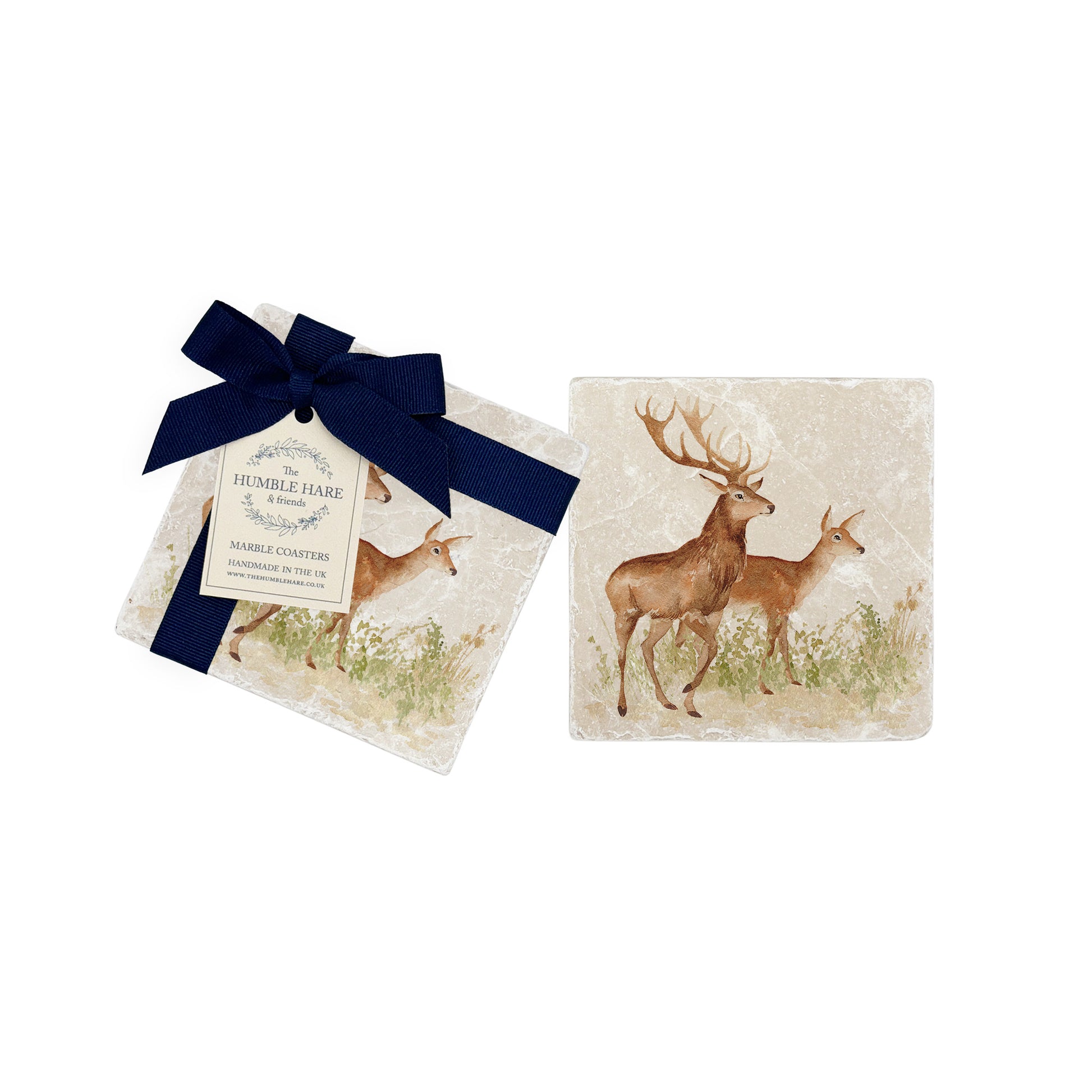 Marble coasters featuring a watercolour deer family design. The coasters are bowed with a beautiful luxury ribbon.