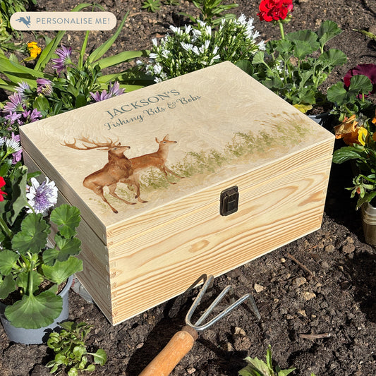 Large wooden pine gift box, The perfect Personalised keepsake, memory box, storage box with  a stag and doe wandering in a grass meadow. The design  features our classic gentle watercolour style. 