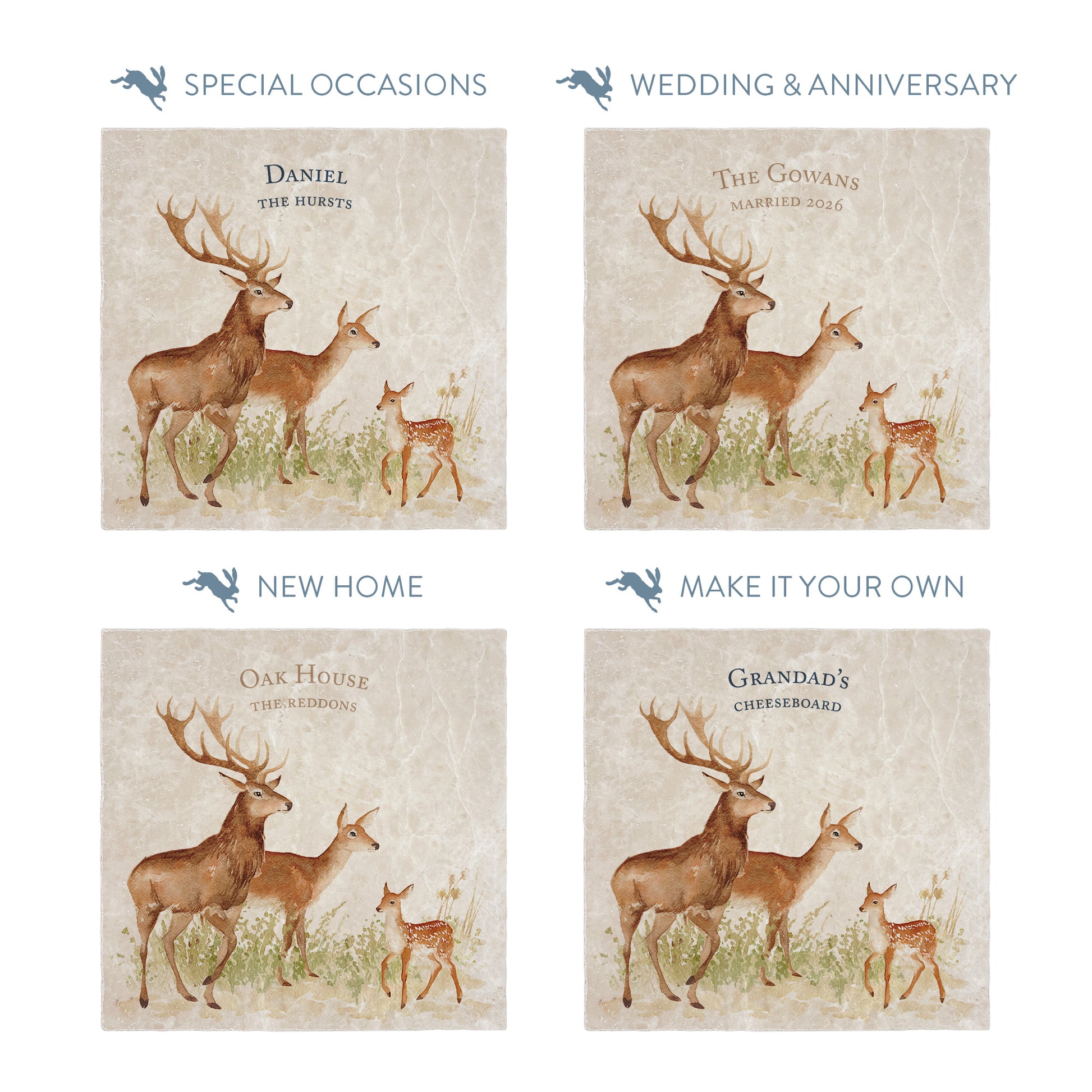 Collection of large marble platters showing the personalisation options available for all occasions including birthdays, weddings, anniversaries and new home gifts.