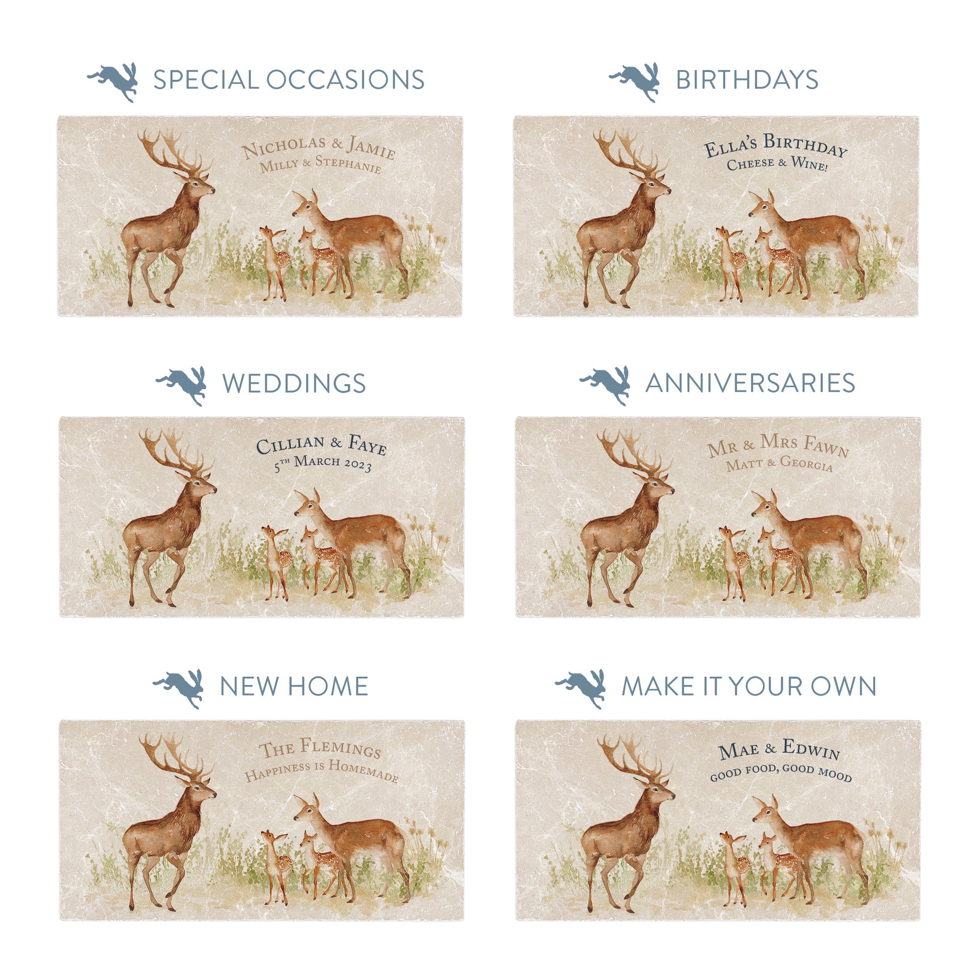 Collection of marble sharing platters showing the personalisation options available for all occasions including birthdays, weddings, anniversaries and new home gifts.