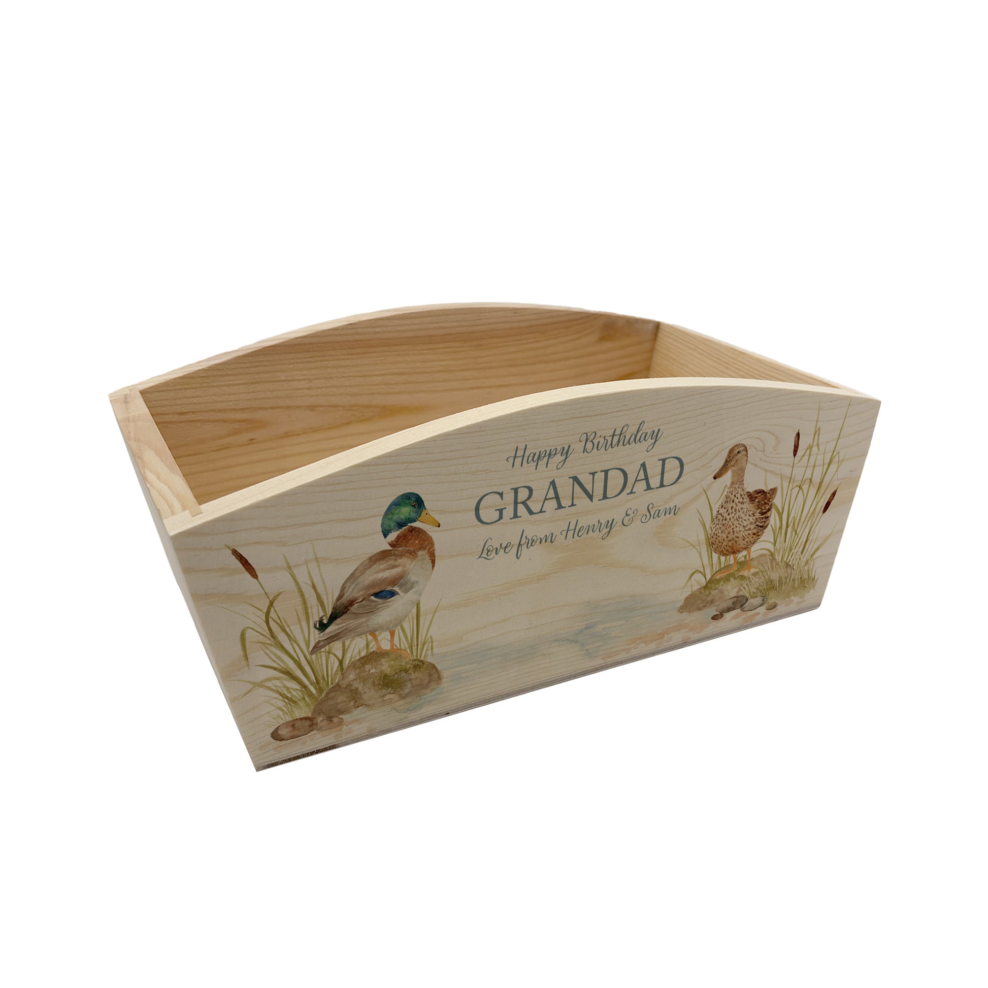 An arched wooden planter box with a watercolour design of two mallard ducks by the pond. The planter can be personalised with names and a selection of phrases for wedding, anniversary, engagement, birthday or new home gifts.