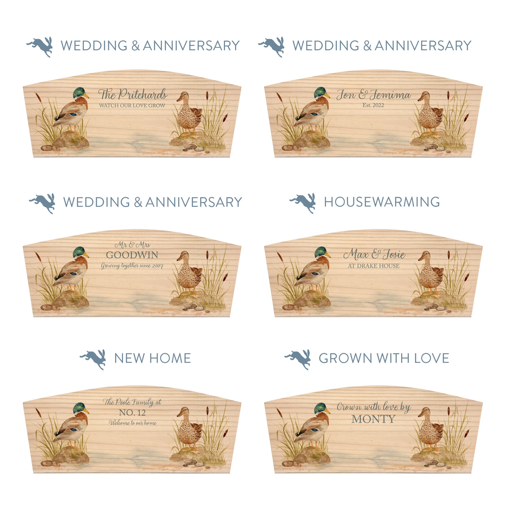 Personalised phrase options for an arched wooden planter box with a watercolour design of mallard ducks by the pond. Choose your phrase to suit any occasion including birthday, wedding, anniversary, engagement, and new home.