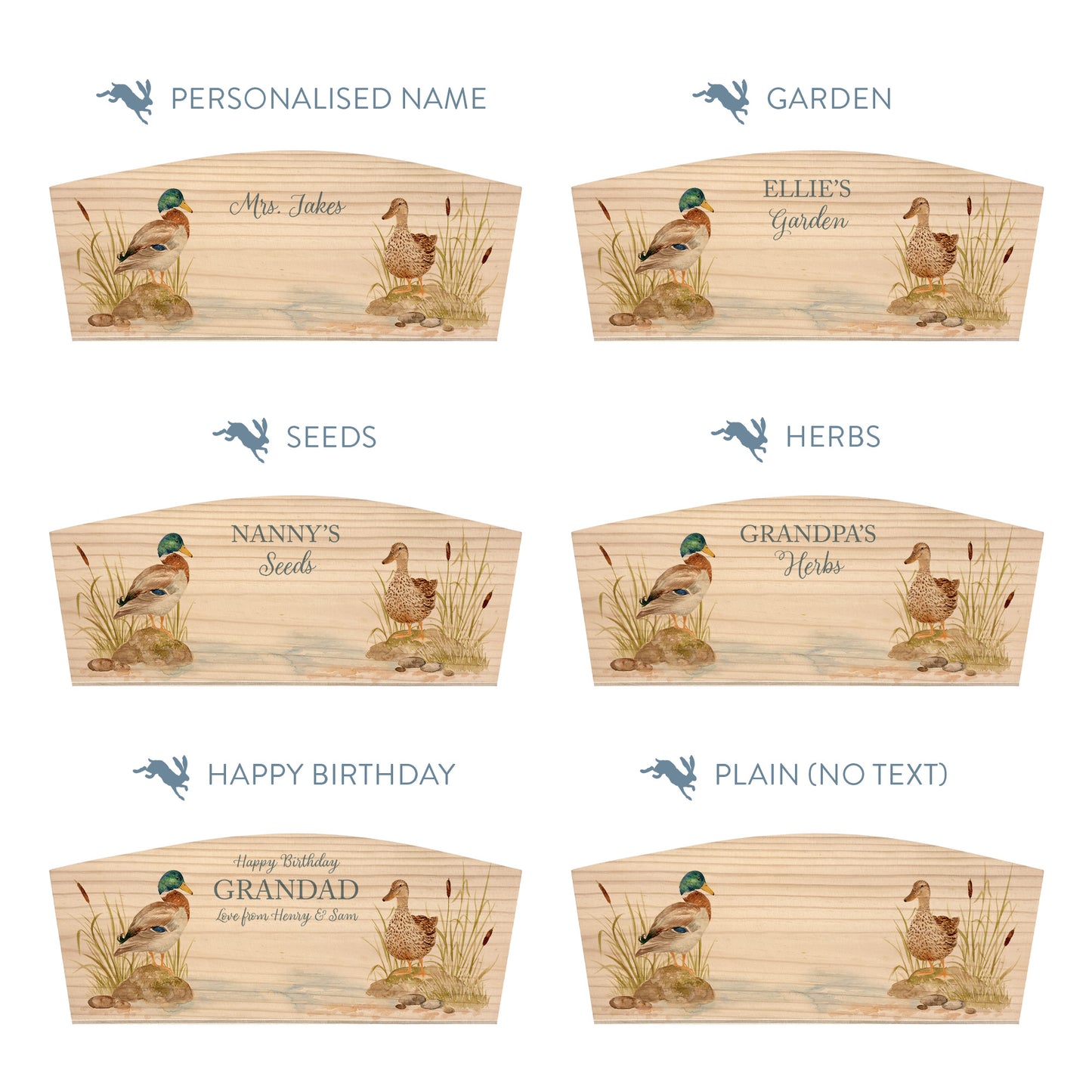 Personalised phrase options for an arched wooden planter box with a watercolour design of mallard ducks by the pond. Choose your phrase to suit gifts for any occasion including birthday, wedding, new home, and a selection of gardening phrases.